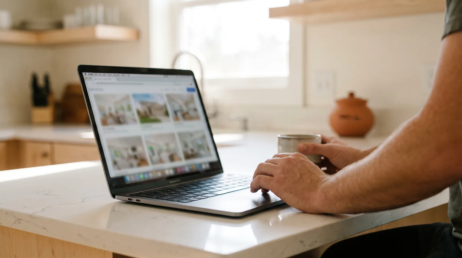 A person browsing home listings on a laptop at a bright kitchen counter, the search results softly out of focus on screen