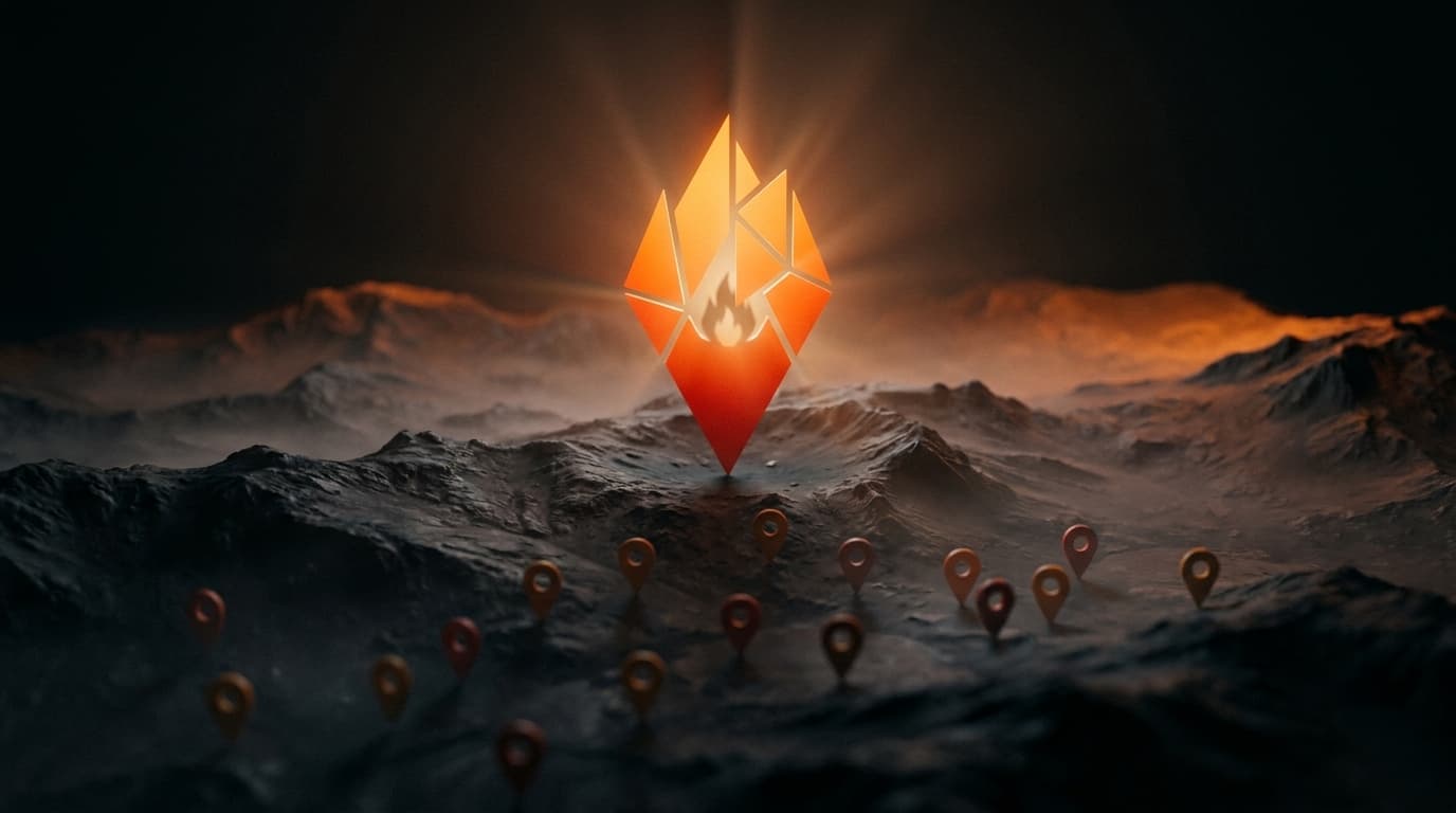 A glowing flame-shaped map pin rising above dimmer competitor pins on a dark terrain