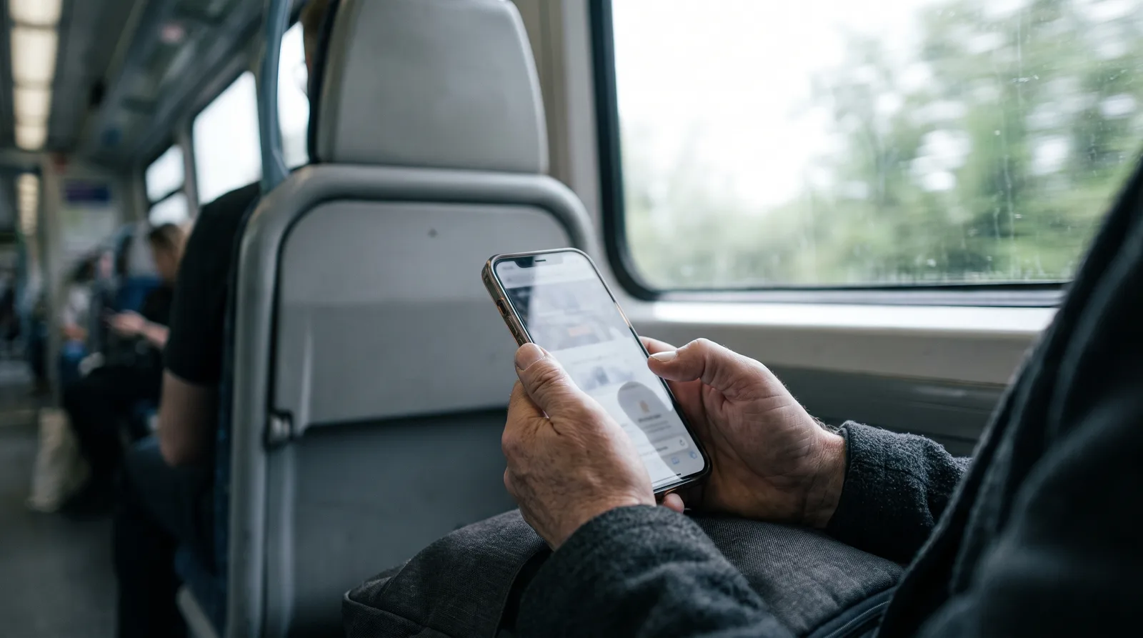 A train passenger holding a phone in daylight, reading a professional services website, with the carriage and window softly out of focus