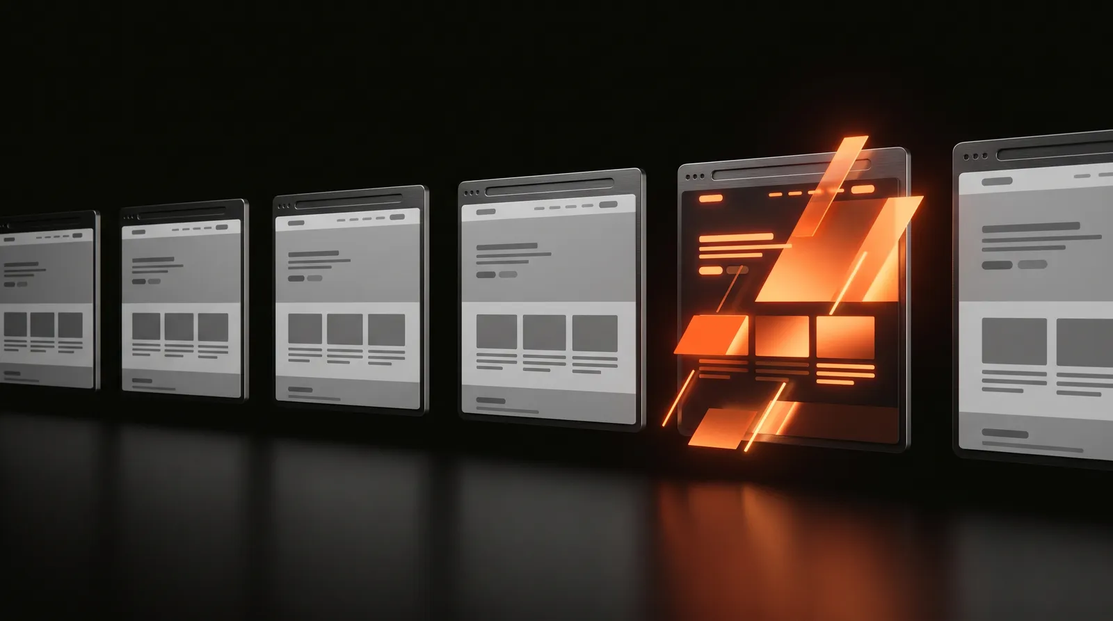 Row of identical gray financial advisor website homepages receding into darkness, with one distinct site glowing warm orange