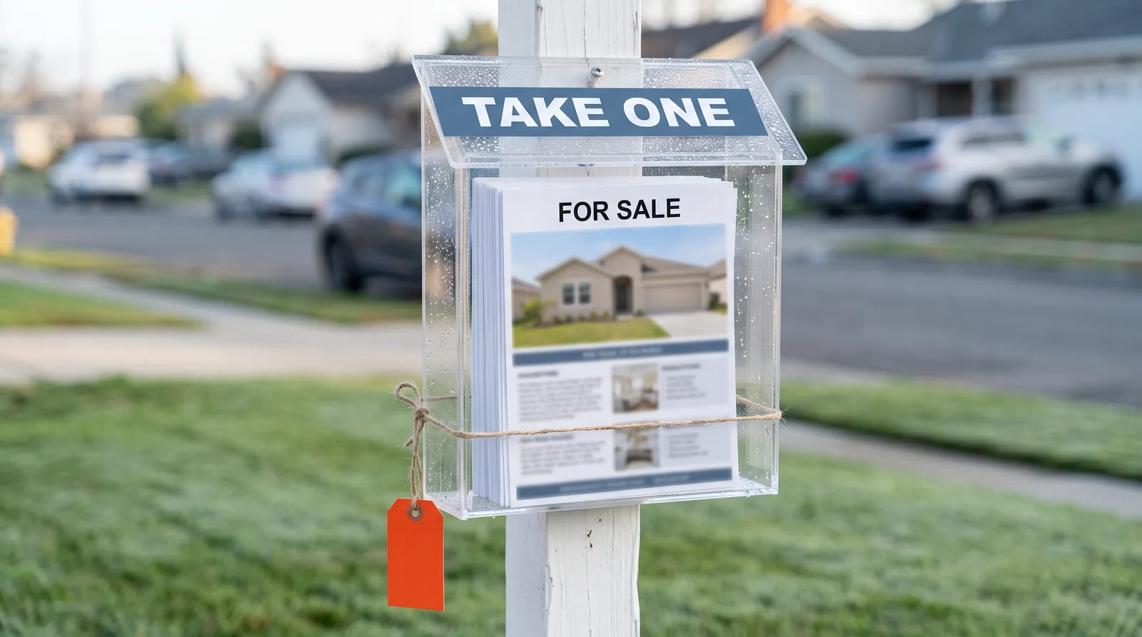 A clear acrylic flyer box on a white post in a dewy front lawn, its lid reading TAKE ONE and packed with property flyers headed FOR SALE, an orange tag tied on with twine, parked cars and houses blurred behind
