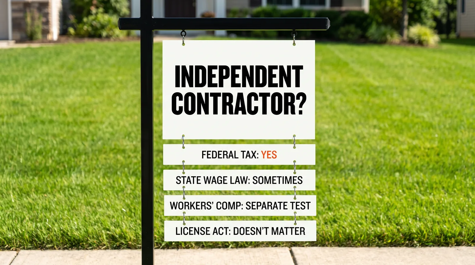 A real estate yard sign on a front lawn reading Independent contractor? with four riders hanging beneath it: federal tax yes, state wage law sometimes, workers' comp separate test, license act doesn't matter