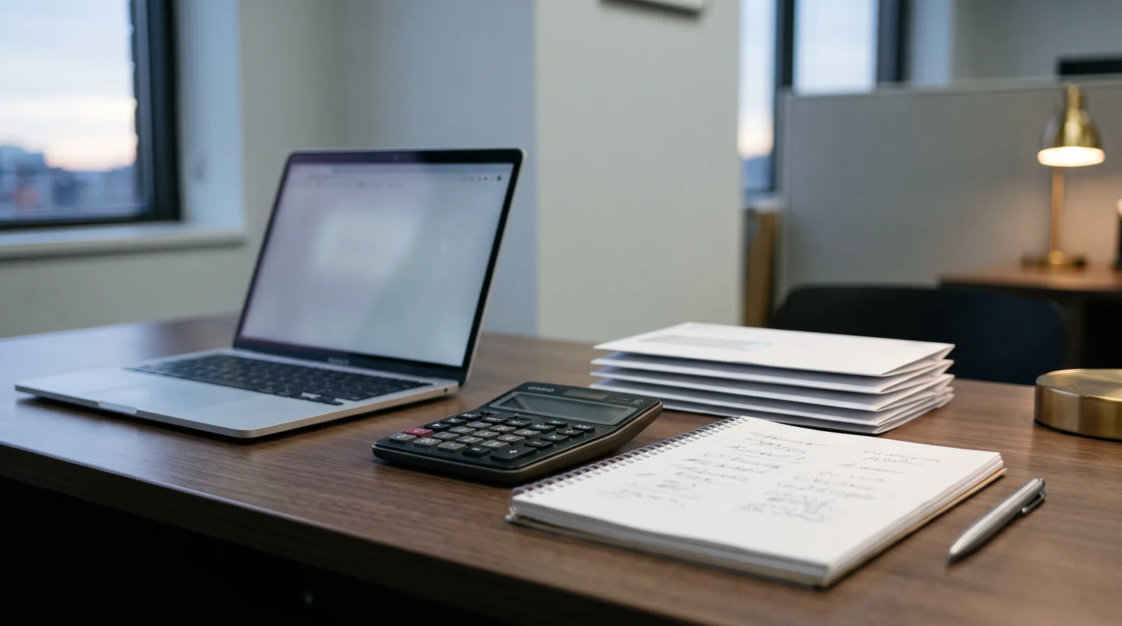 A brokerage office desk at dusk with an open laptop, a calculator, a notepad of handwritten sums, and a stack of unopened mail