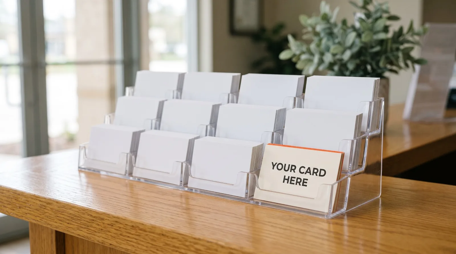 An acrylic business card rack on an oak brokerage reception counter, eleven slots of blank white cards and one holding a cream card with an orange edge reading YOUR CARD HERE
