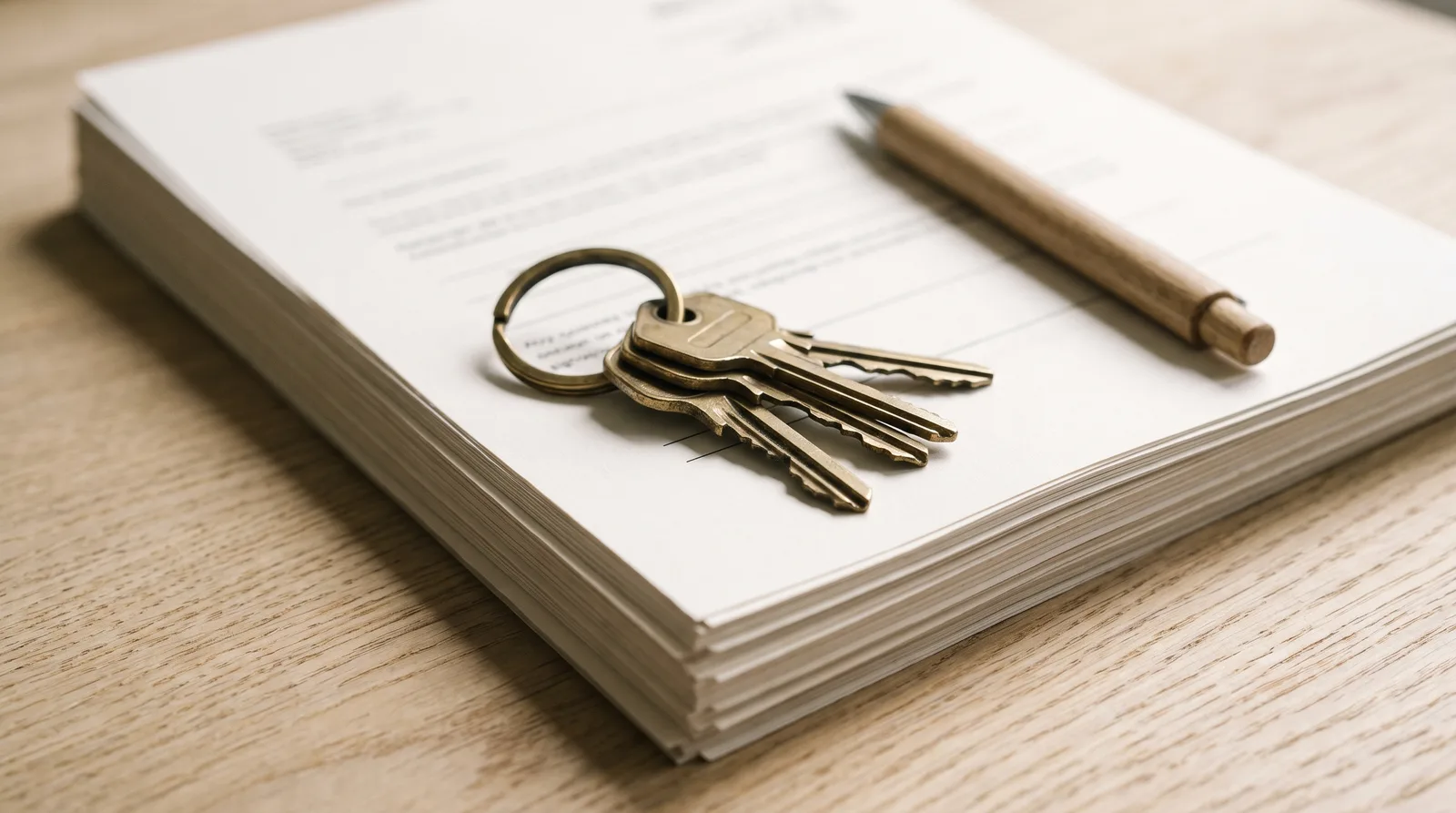 A ring of keys resting on a thick stack of printed paperwork beside a pen on a pale oak desk in soft daylight