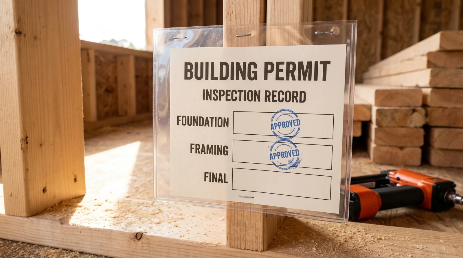 A building permit card in a clear plastic sleeve stapled to a wall stud on a residential job site, reading BUILDING PERMIT and INSPECTION RECORD, with FOUNDATION and FRAMING stamped APPROVED in blue and FINAL still blank, an orange nail gun on the subfloor