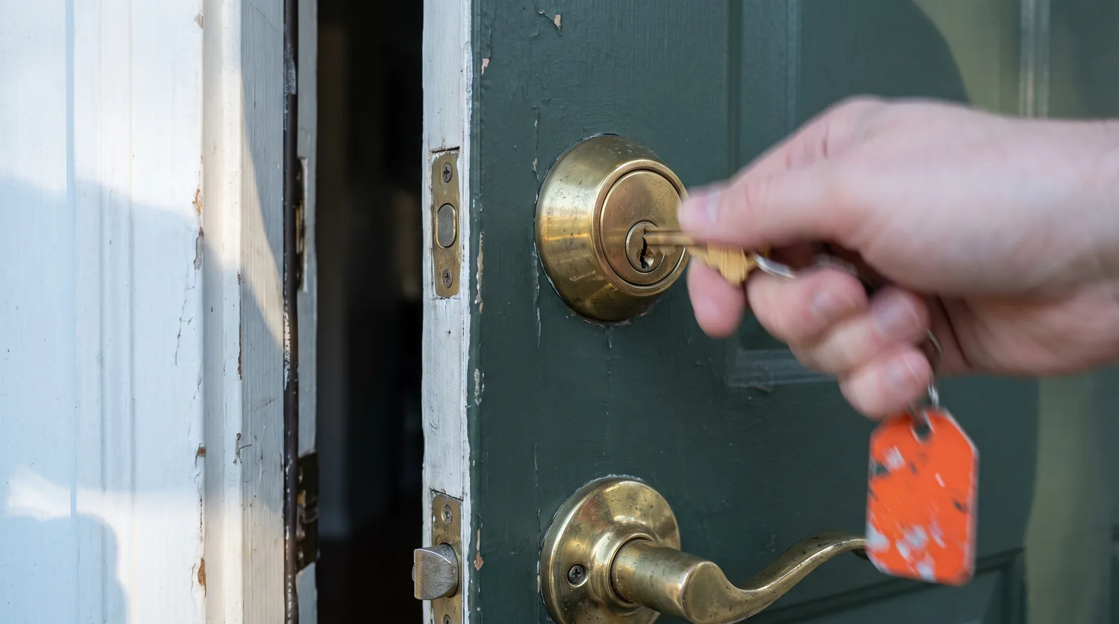 A hand inserting a brass key into the deadbolt of a weathered dark green residential front door, an orange paint-spattered tag hanging from the keyring, with the door frame and a sliver of dark interior visible at left