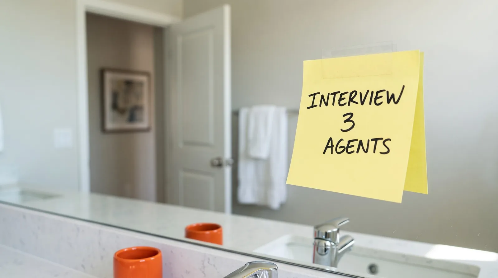 A yellow sticky note on a bathroom mirror in a staged home, handwritten INTERVIEW 3 AGENTS, an orange cup at the sink
