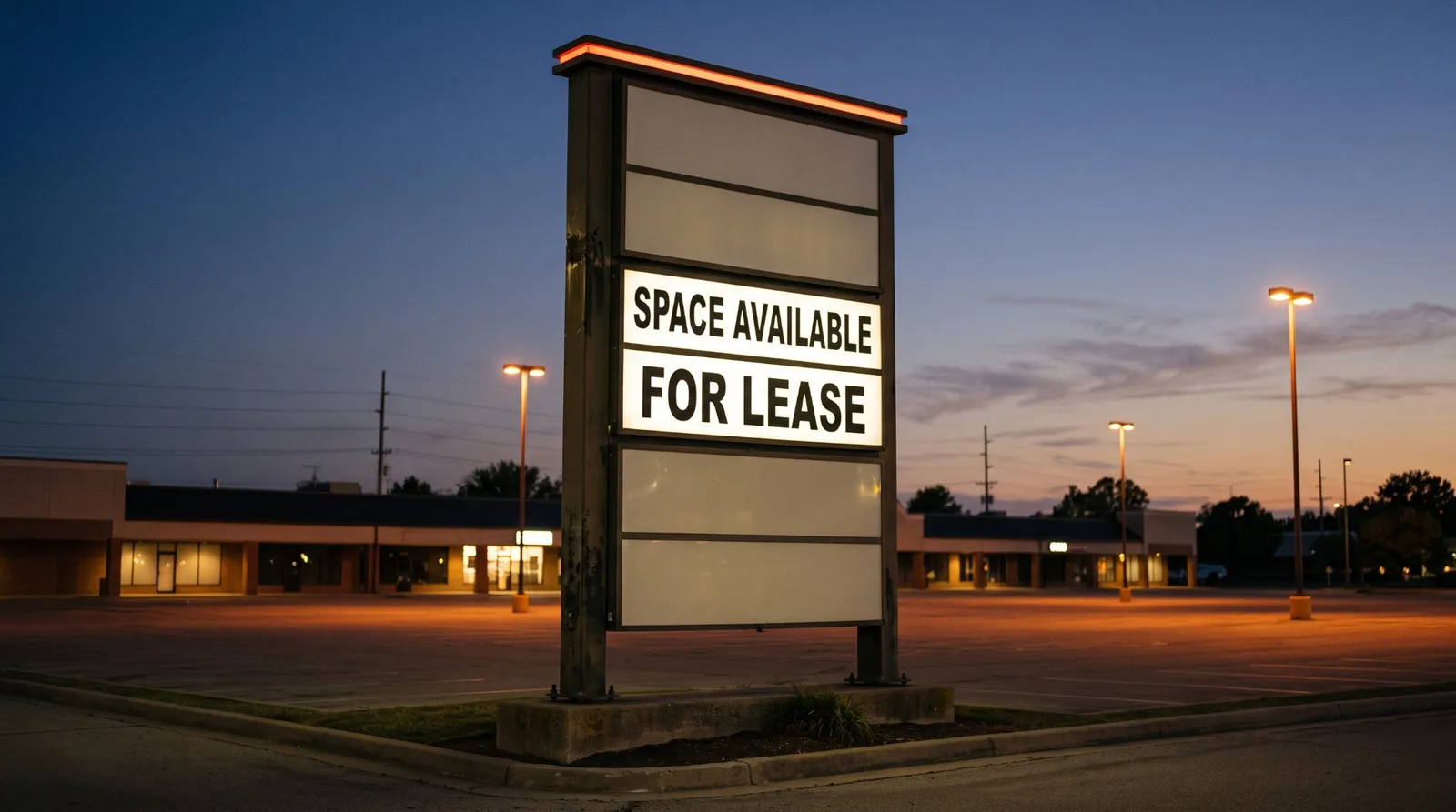 A lit strip-centre pylon sign at dusk over an empty parking lot, four blank white tenant panels and two lit panels reading SPACE AVAILABLE and FOR LEASE, with a thin orange band across the top