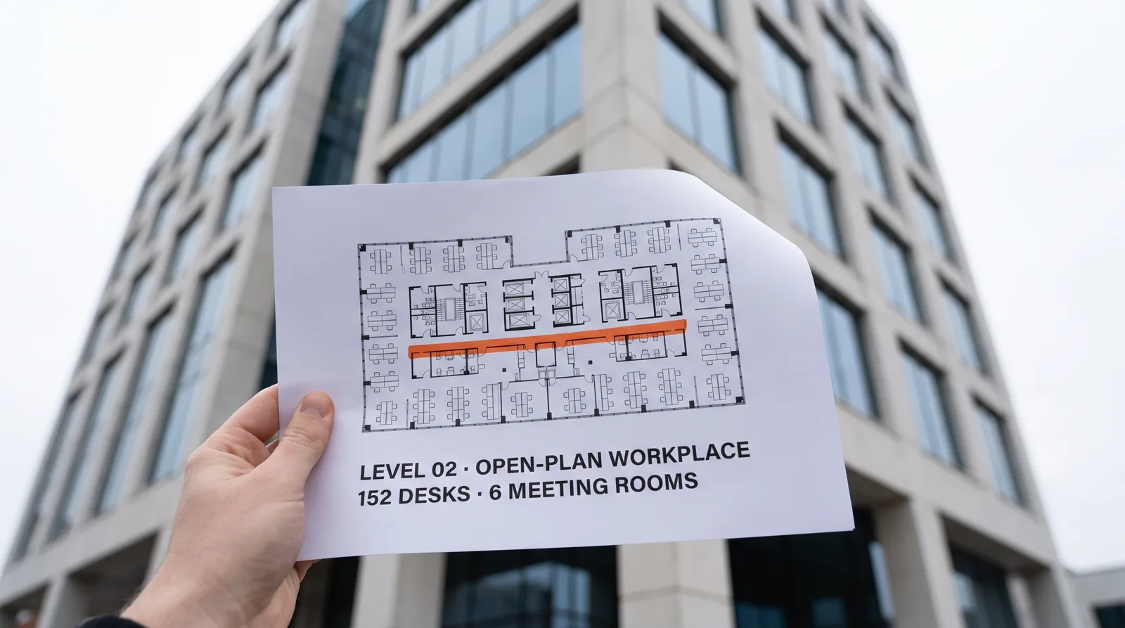 A hand holding a printed architectural floor plan up at arm's length against the glass and concrete facade of a mid-rise office building rising out of frame behind it, the sheet sharp and the building soft, printed LEVEL 02, OPEN-PLAN WORKPLACE and 152 DESKS, 6 MEETING ROOMS, with one corridor marked in orange highlighter