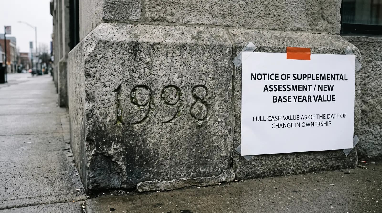 A weathered granite cornerstone at the base of a commercial building on a wet street in flat overcast light, deeply incised with the year 1998 and lichen in the carved grooves, with a crisp new printed notice taped beside it in orange tape reading NOTICE OF SUPPLEMENTAL ASSESSMENT, NEW BASE YEAR VALUE, and beneath that FULL CASH VALUE AS OF THE DATE OF CHANGE IN OWNERSHIP