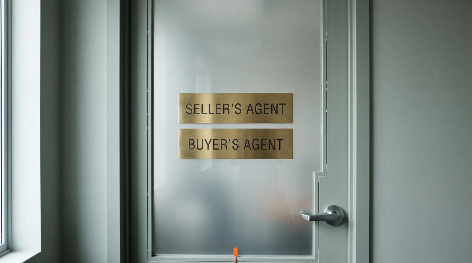 Two identical brushed brass plaques mounted one above the other on a frosted glass office door, the upper engraved SELLER'S AGENT and the lower engraved BUYER'S AGENT, lit by cool daylight from a window at left