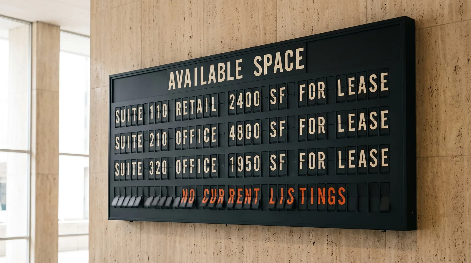 A split-flap availability board on a travertine lobby wall headed AVAILABLE SPACE, listing suites 110, 210 and 320 for lease, with the bottom row caught mid-flip resolving to NO CURRENT LISTINGS in orange