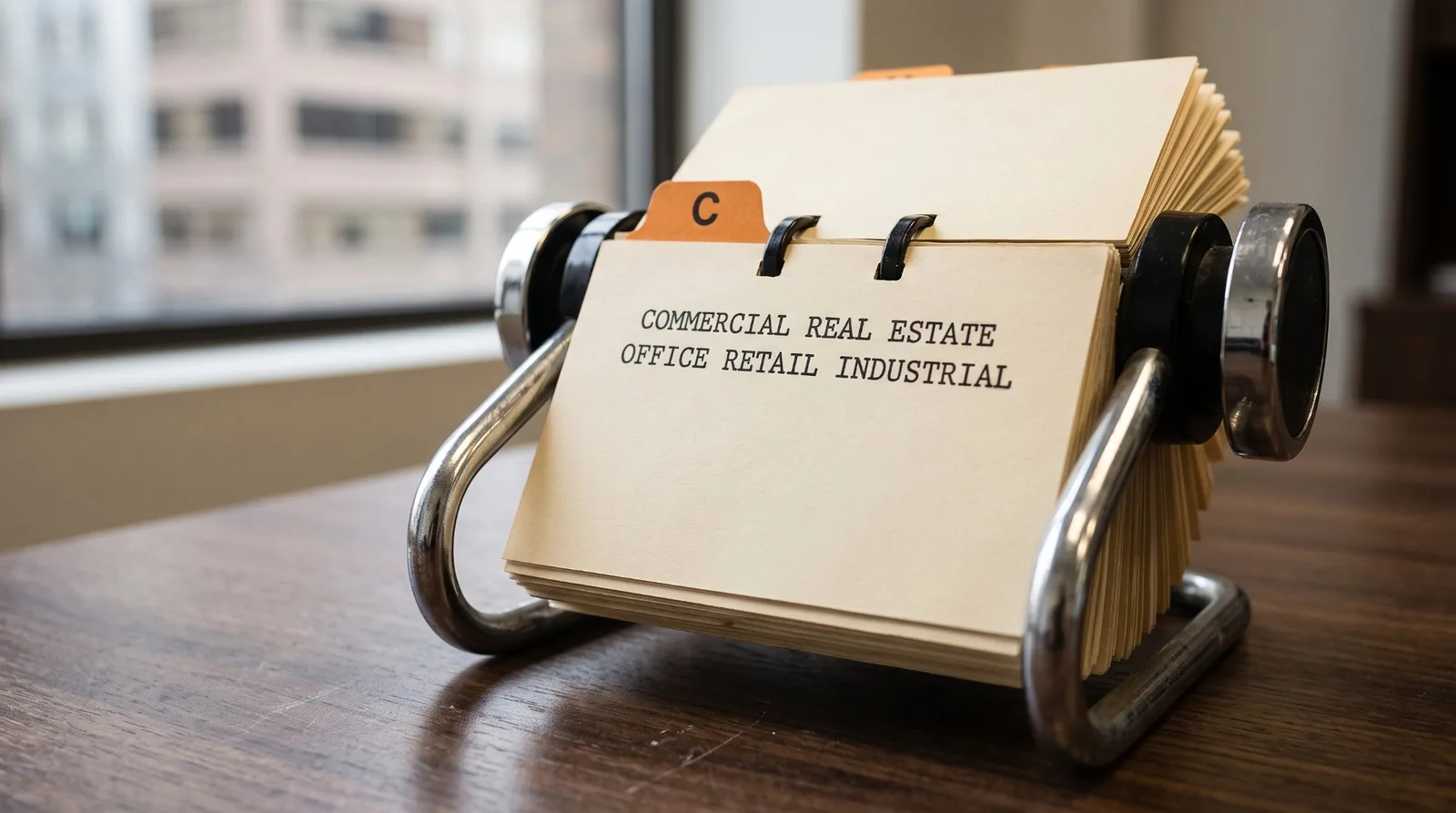 A vintage chrome Rolodex open on a walnut desk to an orange C tab, the front card typed COMMERCIAL REAL ESTATE over OFFICE RETAIL INDUSTRIAL, an office building blurred in the window behind