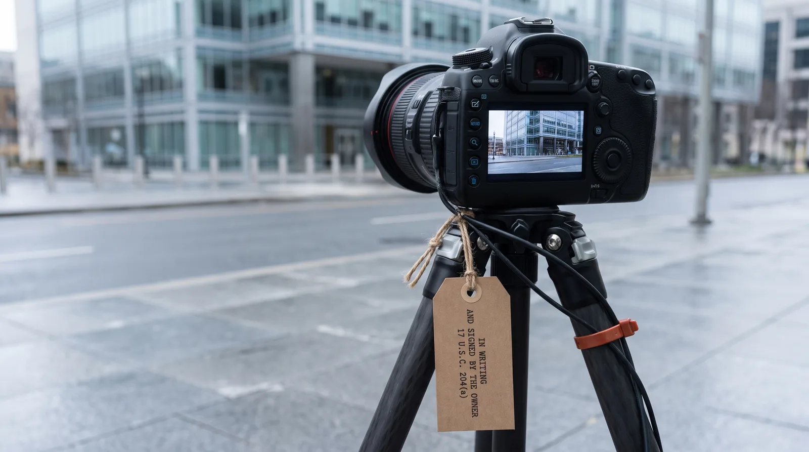 A professional camera on a black tripod on a city pavement facing a mid-rise commercial office building, its rear screen showing the building framed and level, with a kraft tag tied to one tripod leg reading IN WRITING, AND SIGNED BY THE OWNER, 17 U.S.C. 204(a)