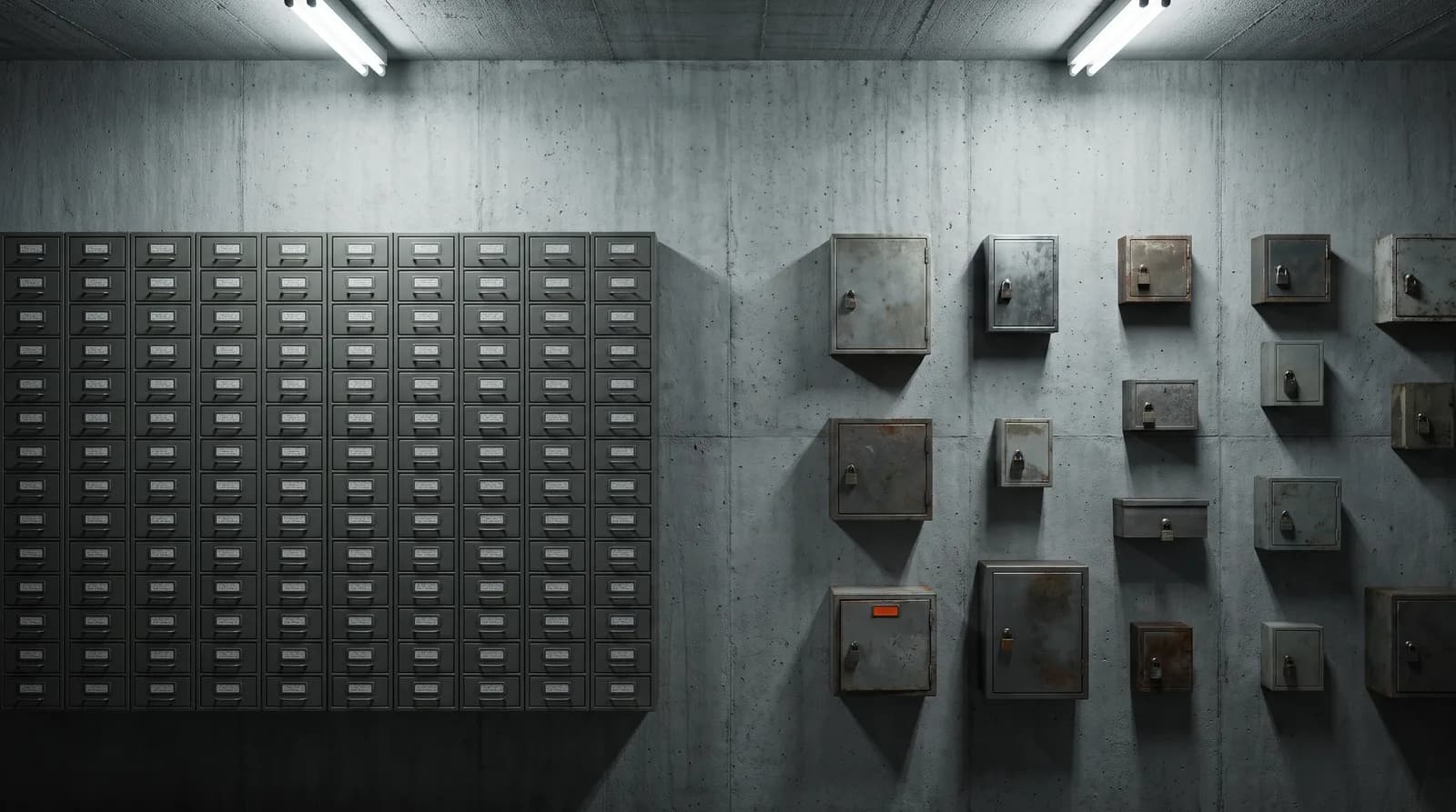 Two filing systems on a concrete wall under fluorescent strip lights, the left a dense grid of uniform labelled card drawers all facing the same way, the right a scattered group of separate padlocked boxes at different sizes and heights