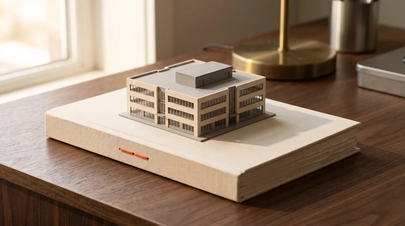 A pale card architectural model of a three storey commercial building resting on a thick cream cloth-bound document on a dark walnut desk in warm window light, with a small orange thread marker on the cover