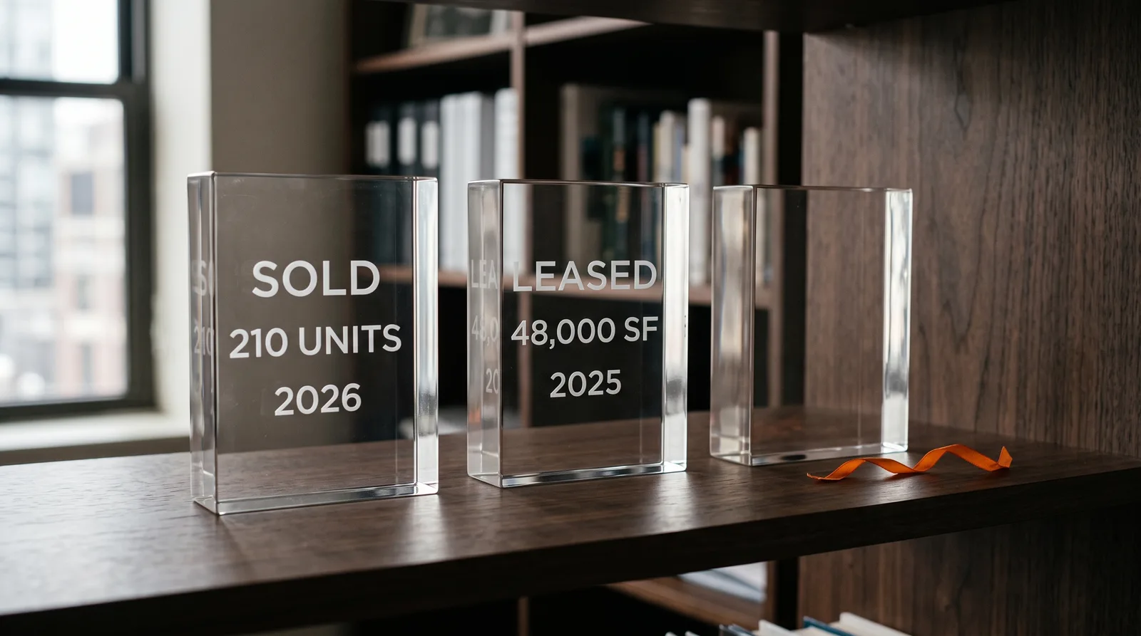 Three clear acrylic deal tombstones on a dark walnut bookshelf, engraved SOLD 210 UNITS 2026 and LEASED 48,000 SF 2025, the third block left completely blank beside an orange ribbon