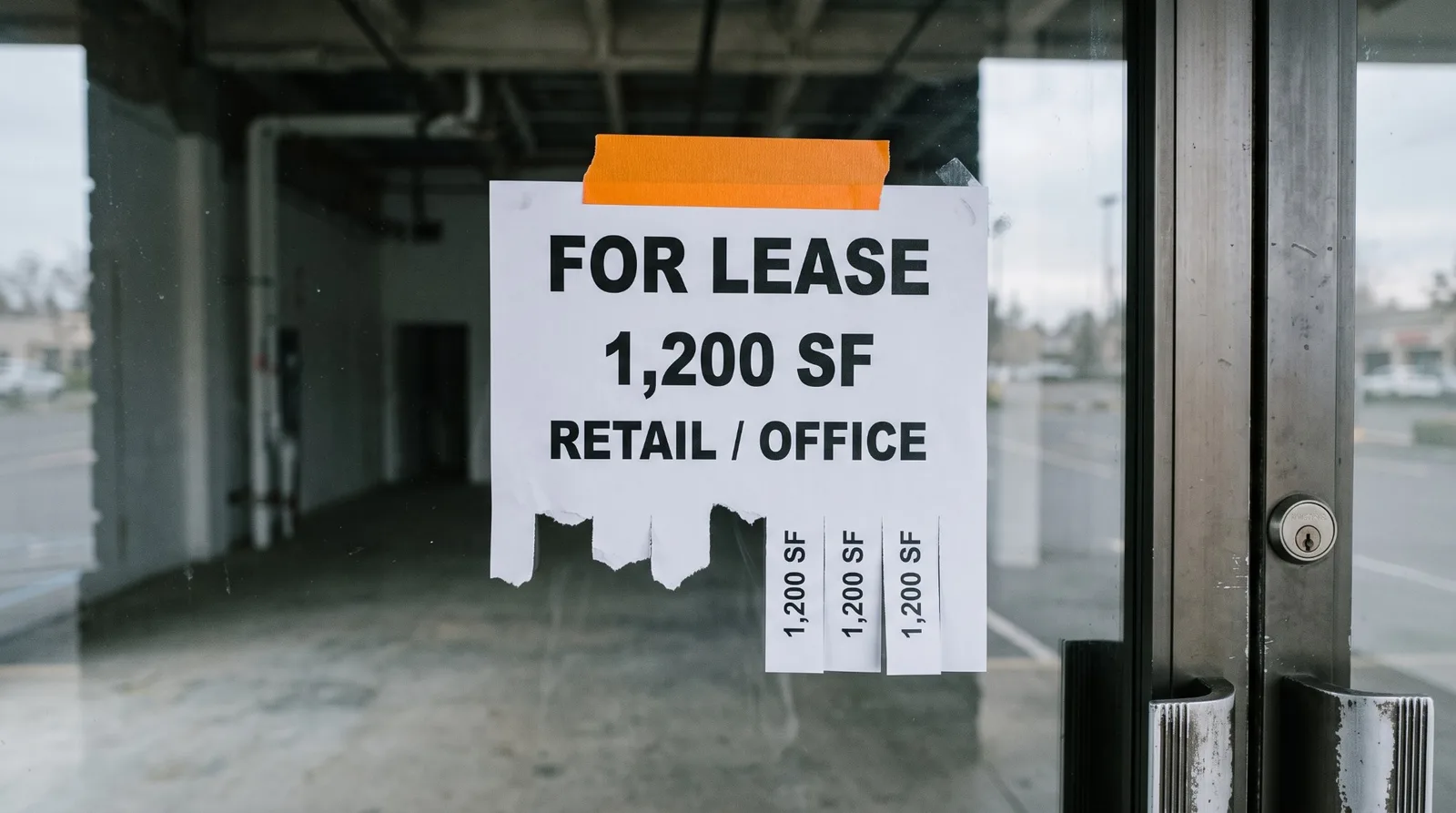 A FOR LEASE notice taped inside the glass door of an empty retail unit with a strip of orange tape, reading 1,200 SF and RETAIL / OFFICE, most of its tear-off tabs torn away and three left, each printed 1,200 SF