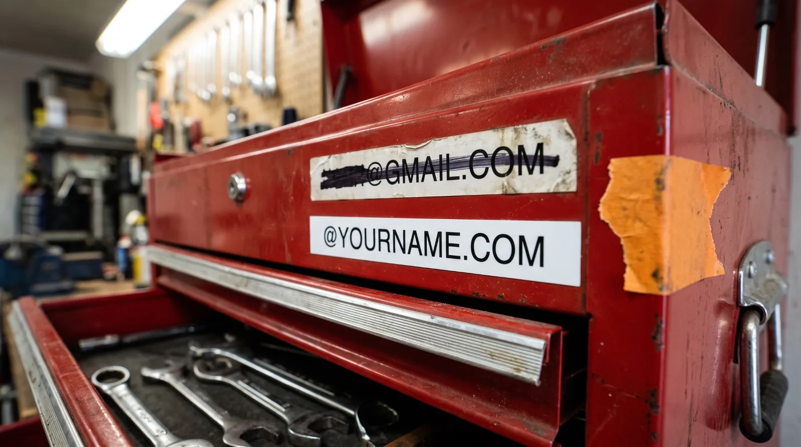 A worn red rolling tool chest in a contractor's shop, two label-maker strips on a drawer: an old one reading @GMAIL.COM struck through in black marker above a clean new one reading @YOURNAME.COM, wrenches in the open drawer below