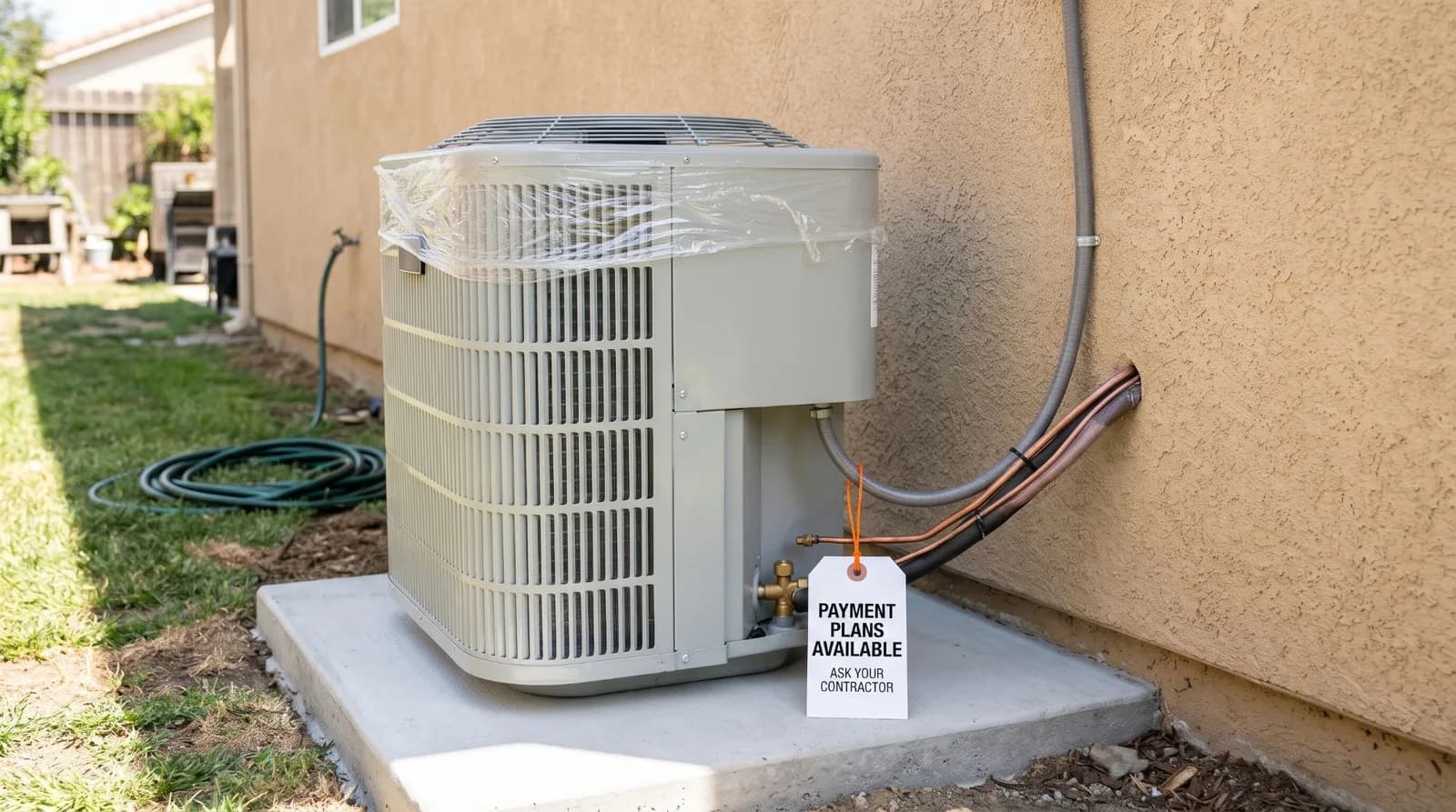 A new air conditioning condenser on a concrete pad beside a stucco house, protective film still on top, a white tag on an orange string reading PAYMENT PLANS AVAILABLE, ASK YOUR CONTRACTOR