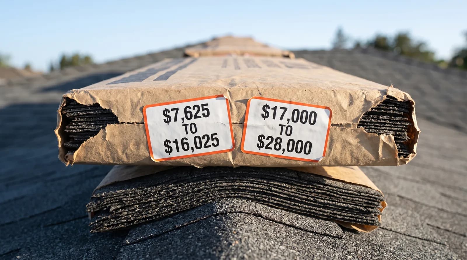 Two bundles of grey asphalt shingles in torn paper wrappers on a roof ridge under a clear morning sky, with two white price stickers on the top bundle reading $7,625 TO $16,025 and $17,000 TO $28,000