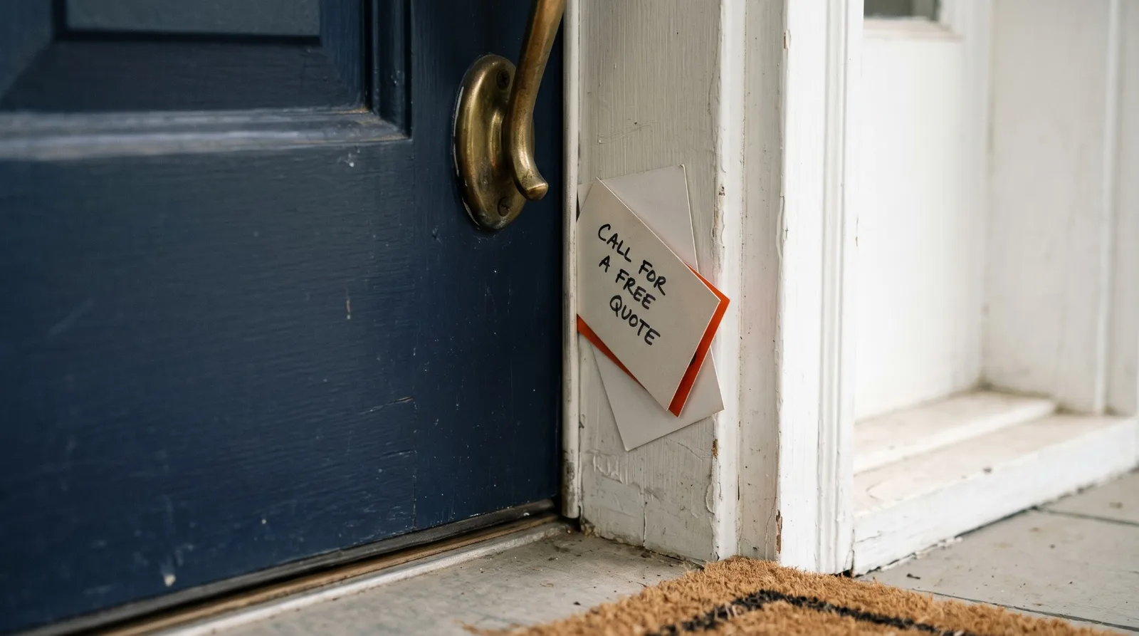 Business cards tucked into a white door frame beside a navy front door, the top card handwritten CALL FOR A FREE QUOTE