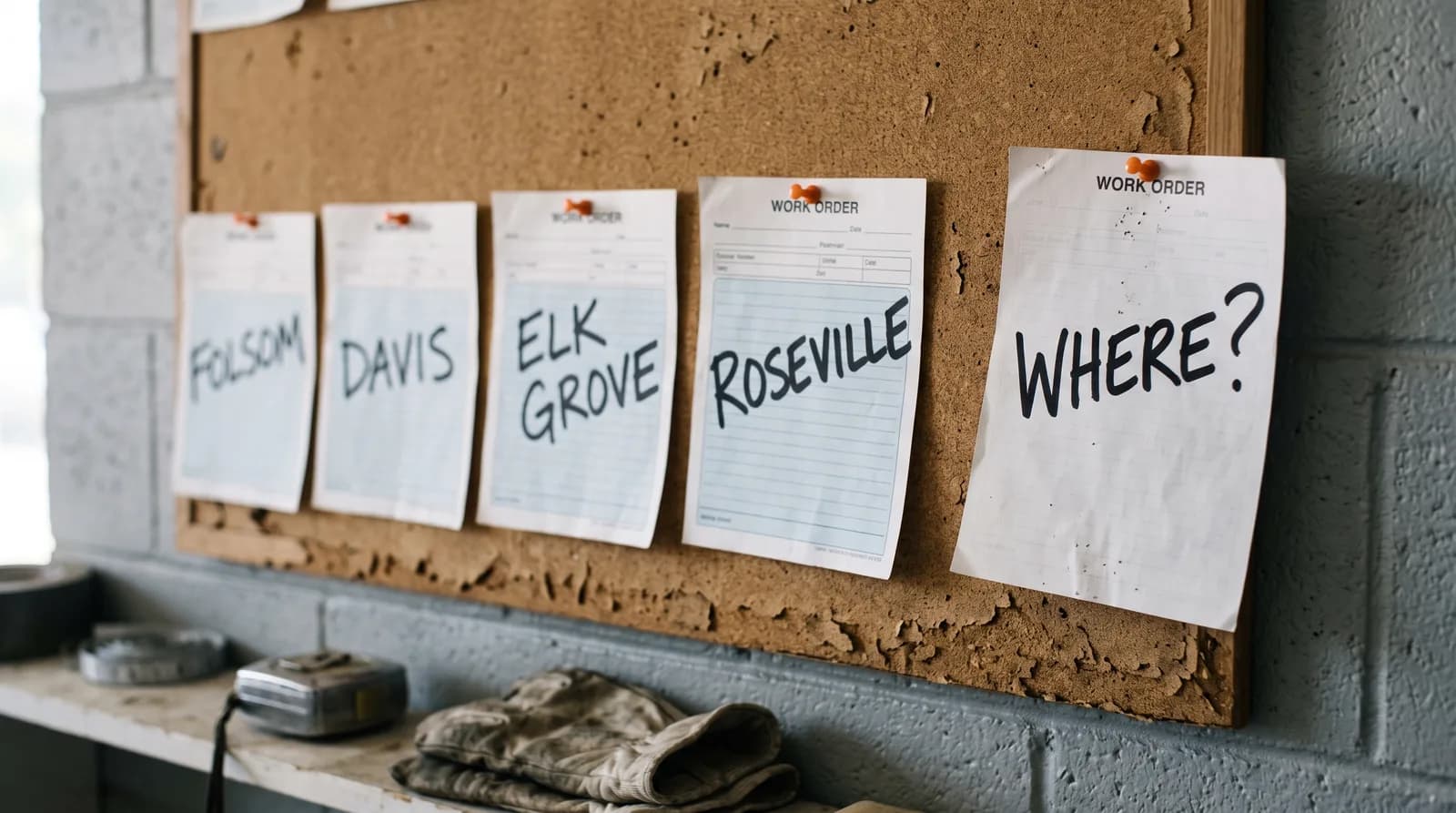 A cork dispatch board on a grey cinder block wall in a contractor's shop, with five WORK ORDER slips held by orange pins, four marked by hand FOLSOM, DAVIS, ELK GROVE and ROSEVILLE, and a fifth pinned apart reading WHERE?, a tape measure on the shelf below