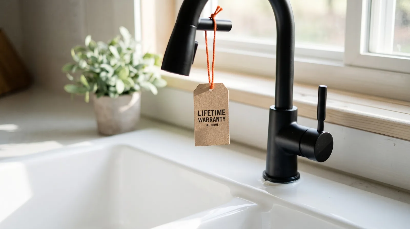 A new matte black kitchen faucet over a white farmhouse sink, a kraft tag on an orange string reading LIFETIME WARRANTY, SEE TERMS