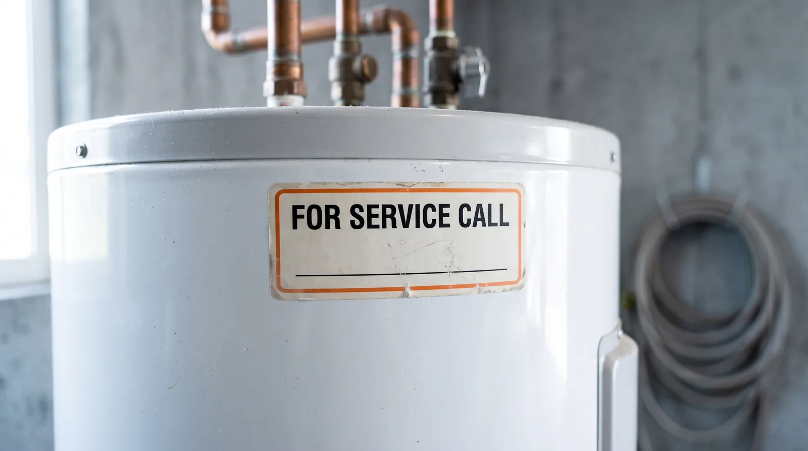 A white tank water heater in a grey concrete garage under copper pipes, with a scuffed contractor service sticker reading FOR SERVICE CALL above an empty line where the phone number should be