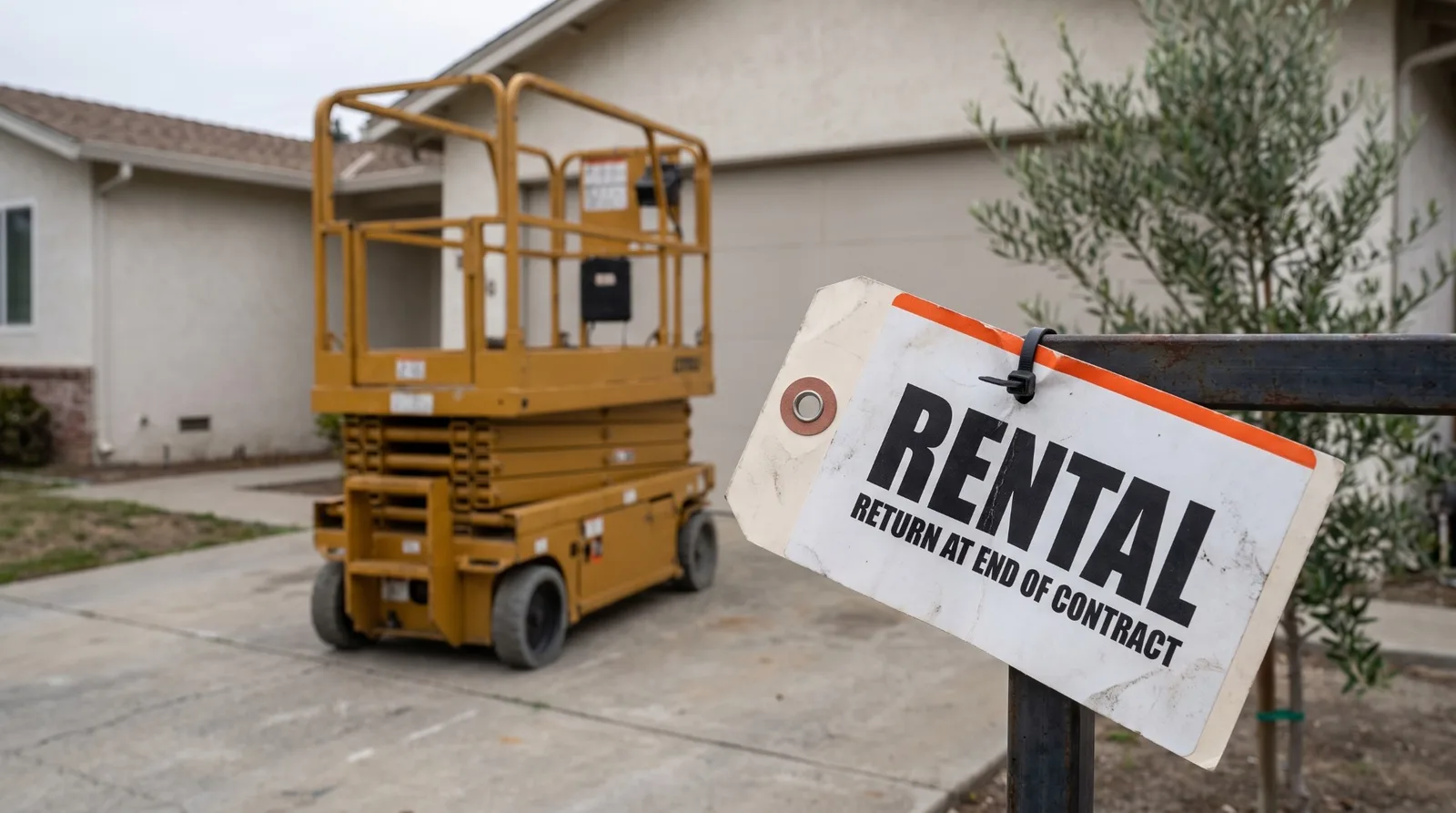 A yellow scissor lift parked in the driveway of a single-storey house, with a white tag zip-tied to a black metal rail in the foreground reading RENTAL and RETURN AT END OF CONTRACT