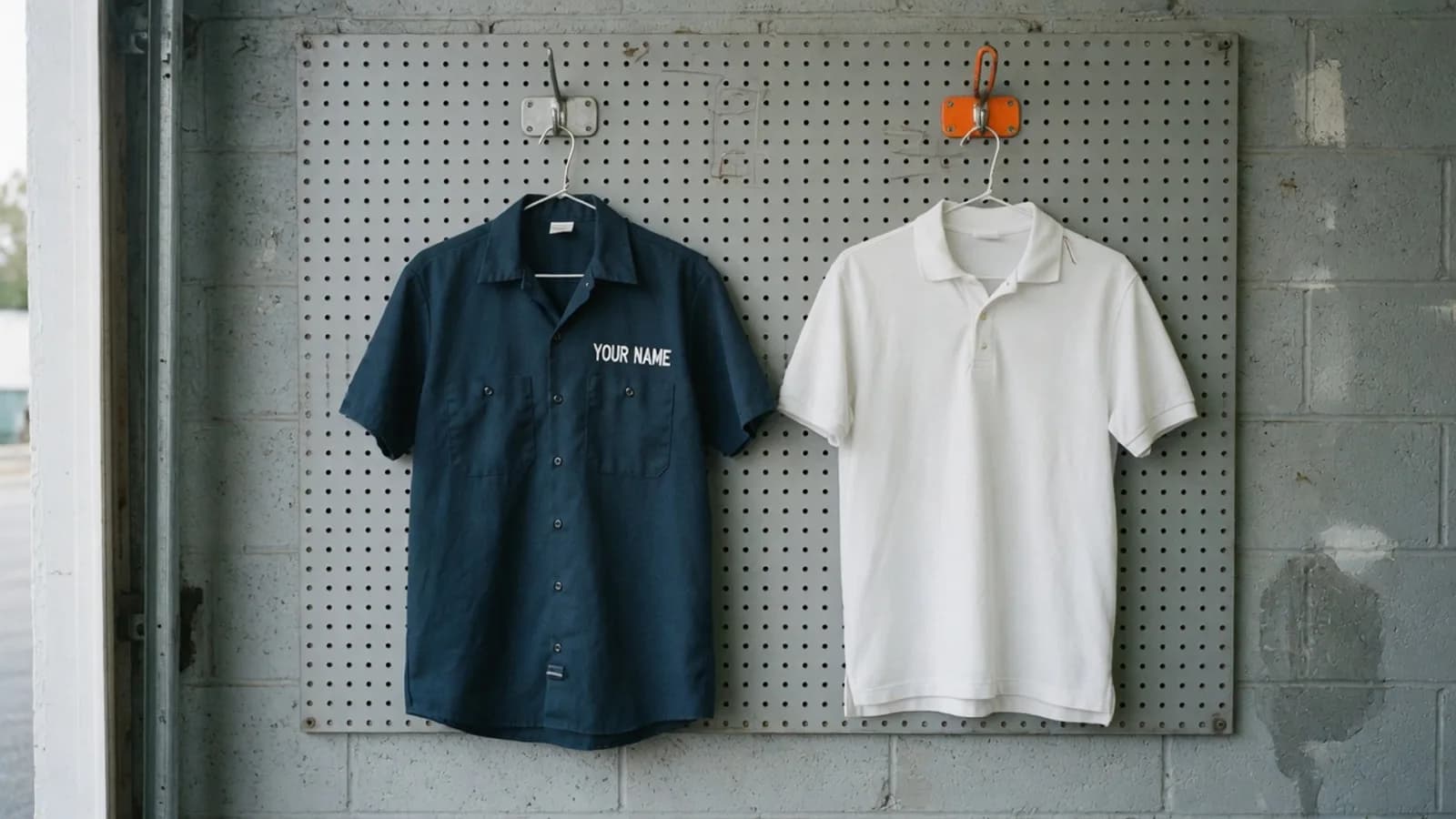 A navy work shirt on a grey pegboard in a contractor's shop, embroidered YOUR NAME in white block capitals, beside a plain white polo hanging from an orange hook