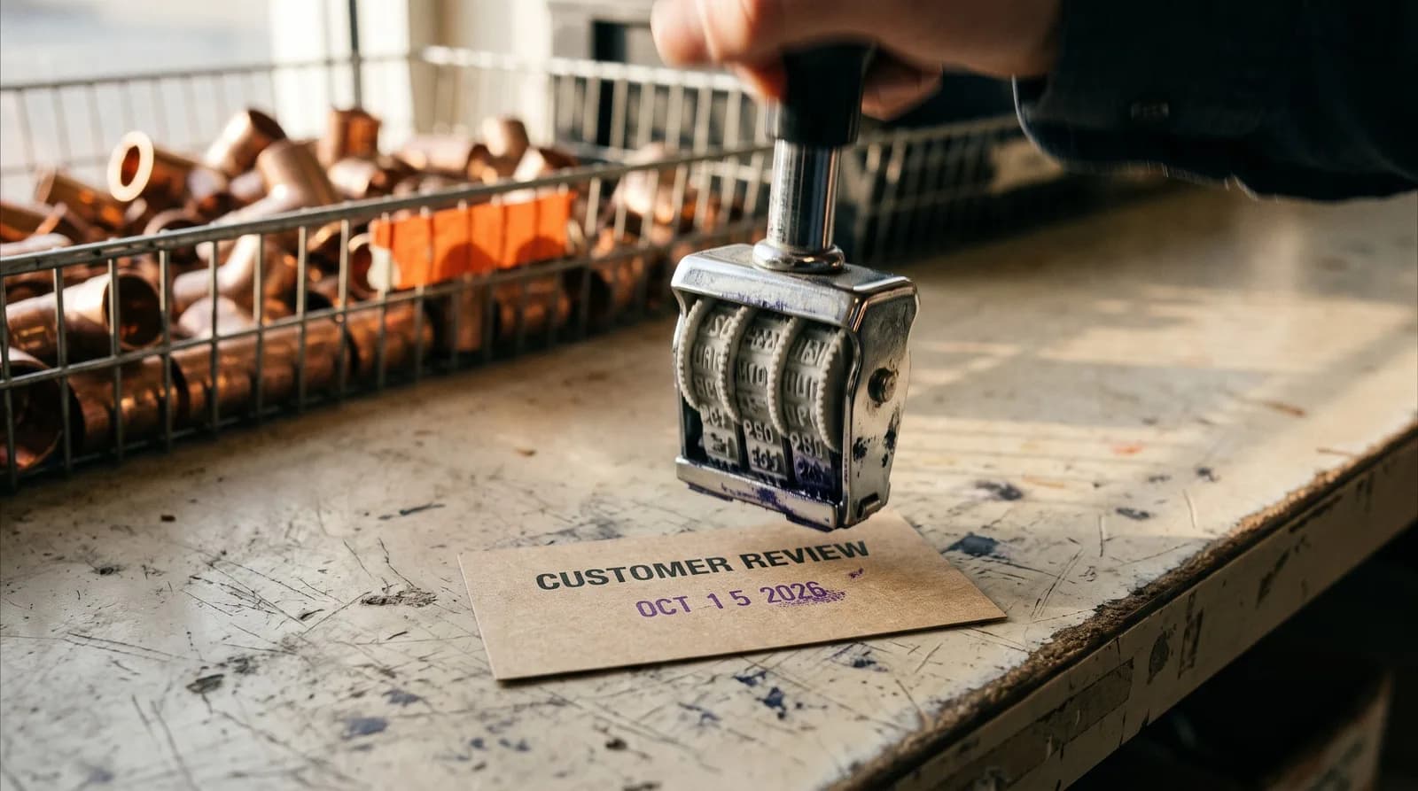 A hand lifting a chrome date stamp off a kraft card printed CUSTOMER REVIEW and stamped OCT 15 2026 in purple ink, on a scuffed plumbing supply counter beside a wire bin of copper fittings
