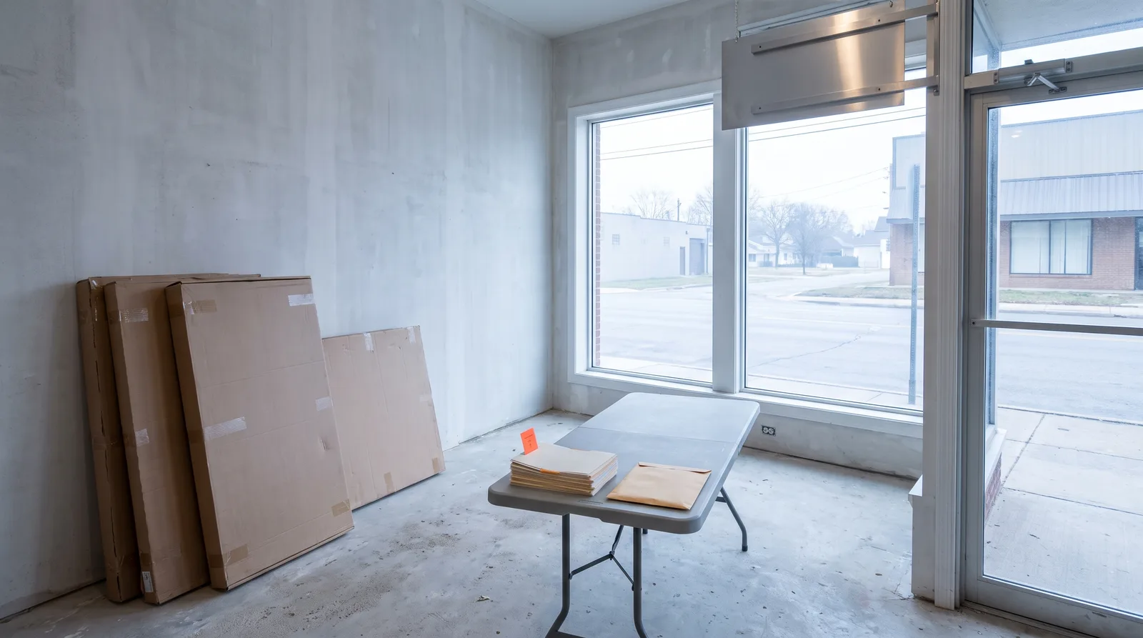 An empty storefront office being set up, with desks still boxed against the wall, a folding table holding a stack of paperwork, and an empty sign bracket above the door