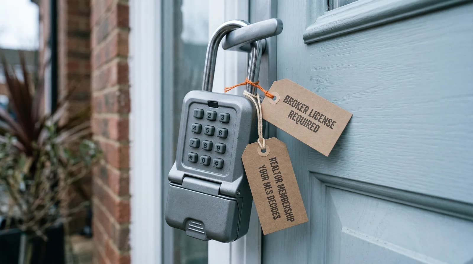 A grey keypad lockbox hanging from the handle of a pale blue front door, with two kraft tags tied to its shackle, the upper tag reading broker license required and the lower tag reading Realtor membership, your MLS decides