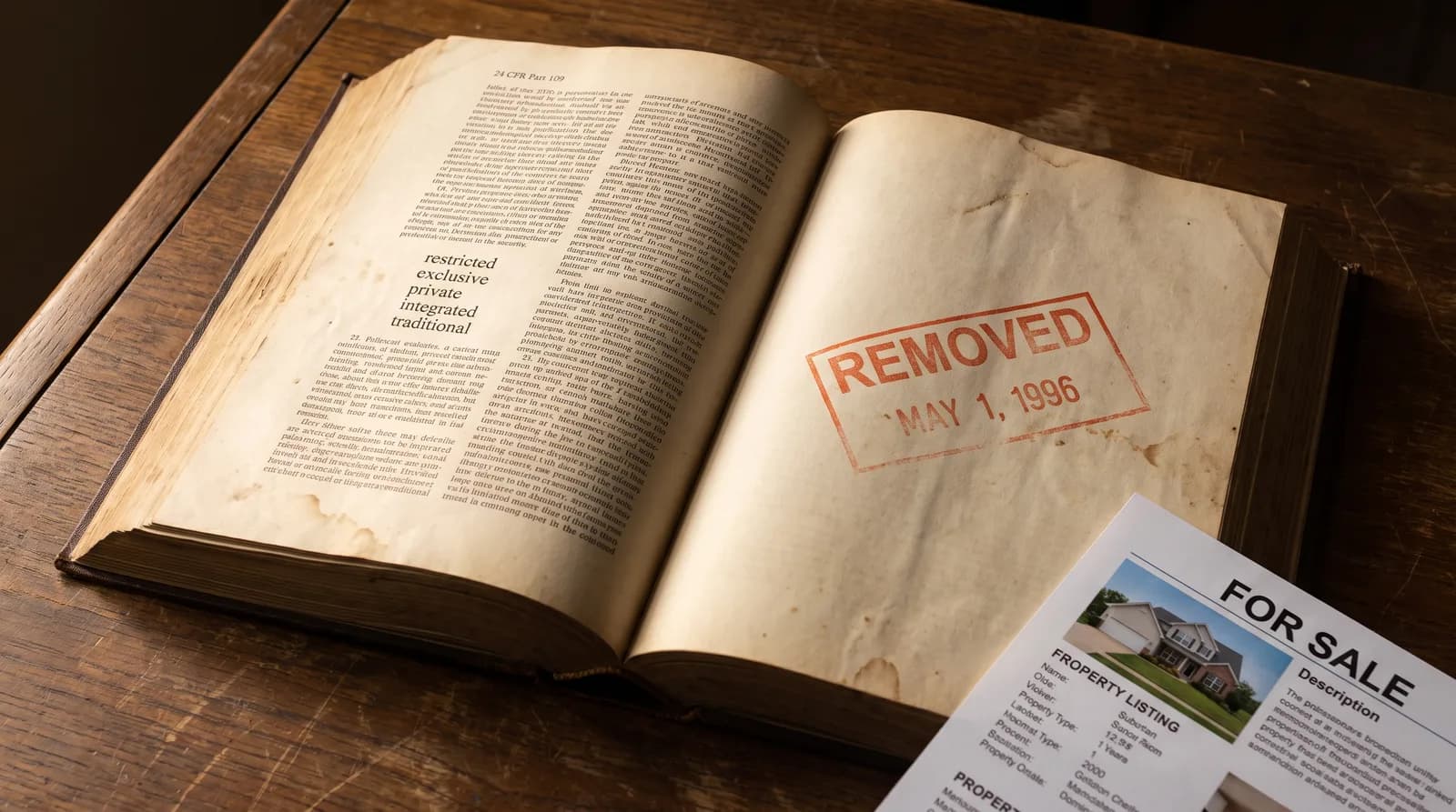 An aged law volume open at a page headed 24 CFR Part 109, listing the words restricted, exclusive, private, integrated and traditional, with a red rubber stamp across the facing page reading REMOVED, MAY 1, 1996, and a modern printed FOR SALE property listing sheet resting on the corner of the book