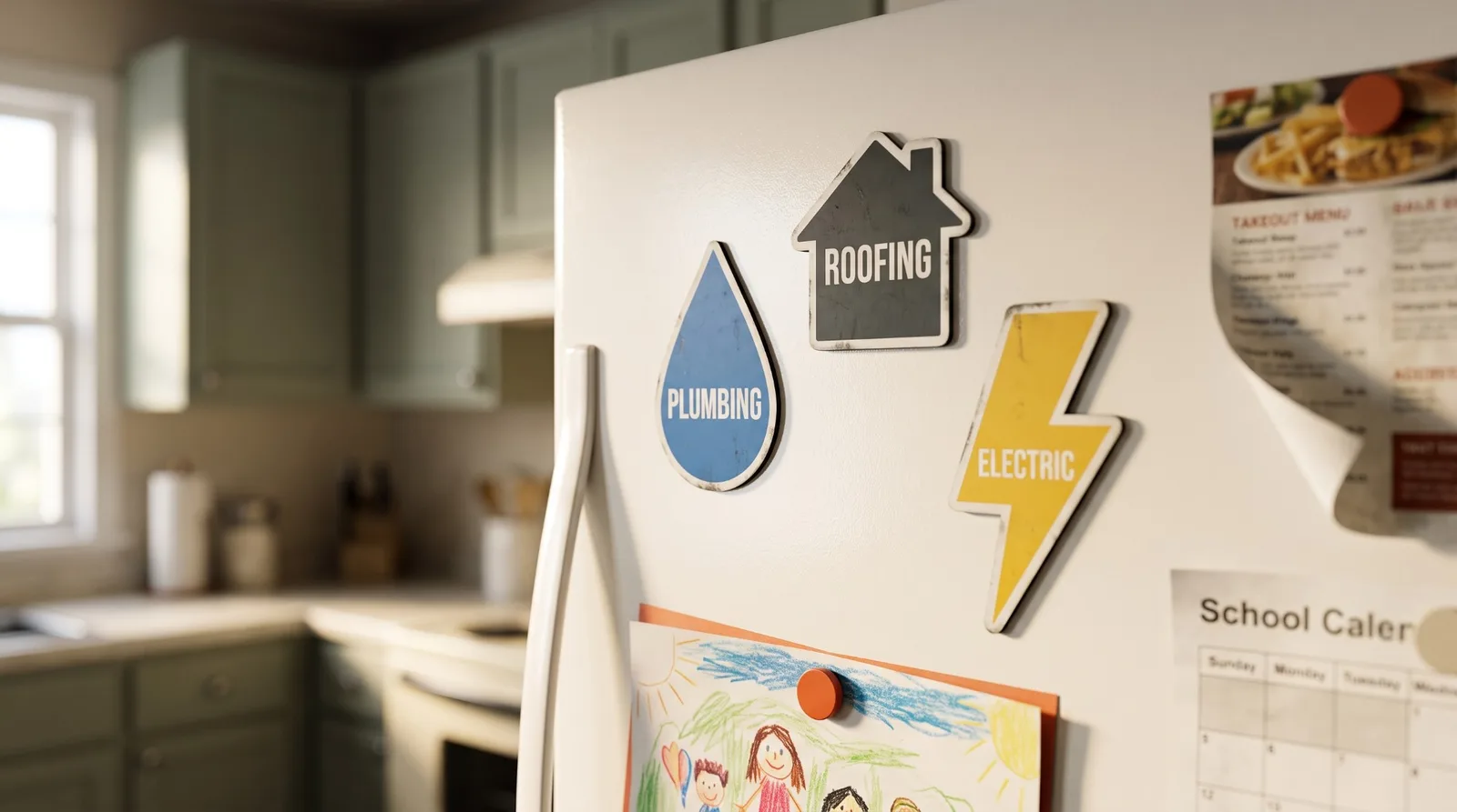 Three contractor magnets on a white fridge door, a blue water drop reading PLUMBING, a grey house reading ROOFING and a yellow lightning bolt reading ELECTRIC, beside a child's crayon drawing, a takeout menu and a school calendar