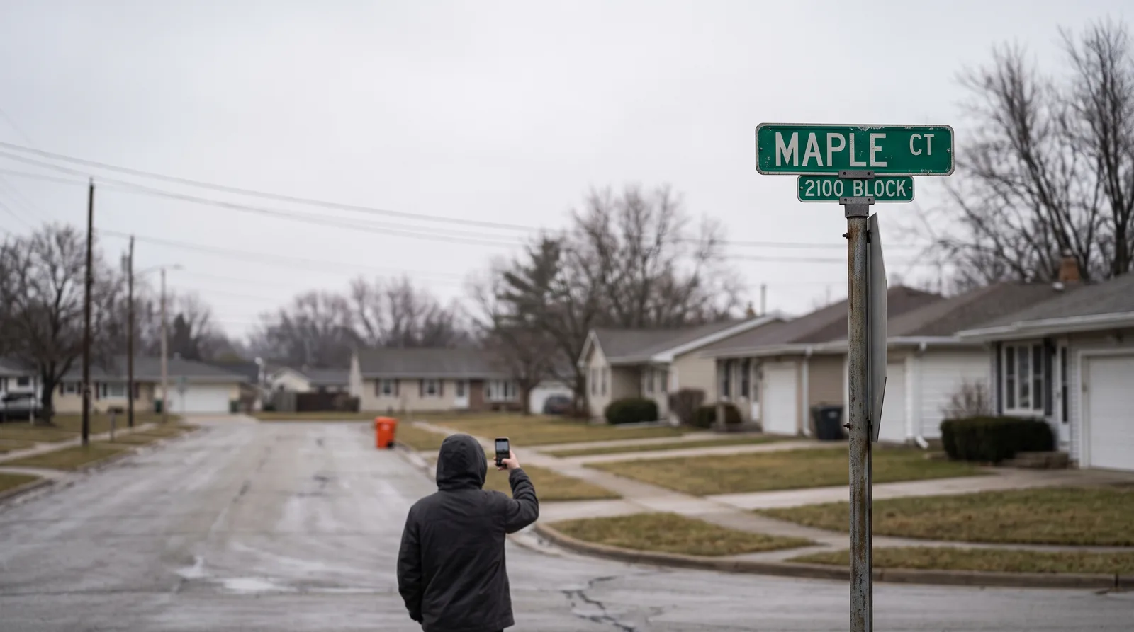 A distant hooded figure standing in a quiet suburban street holding a phone up toward a green street-name sign reading MAPLE CT, 2100 BLOCK, with single-storey houses and bare winter trees under flat grey light