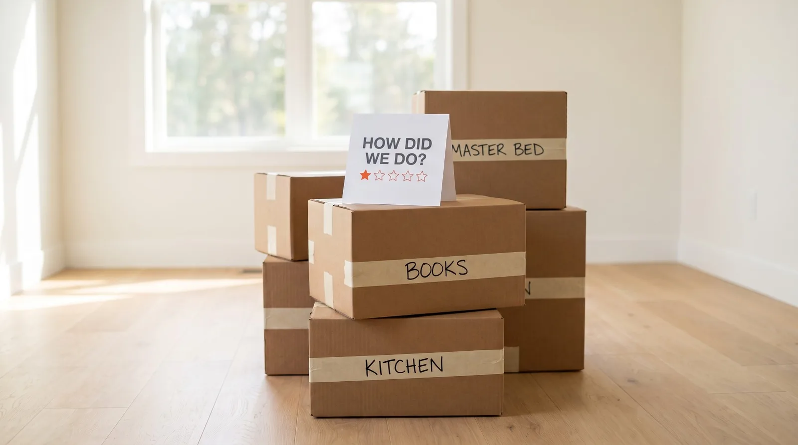 A stack of moving boxes labelled KITCHEN, BOOKS and MASTER BED in a sunlit empty living room, with a small white card on top reading HOW DID WE DO? above a row of five stars