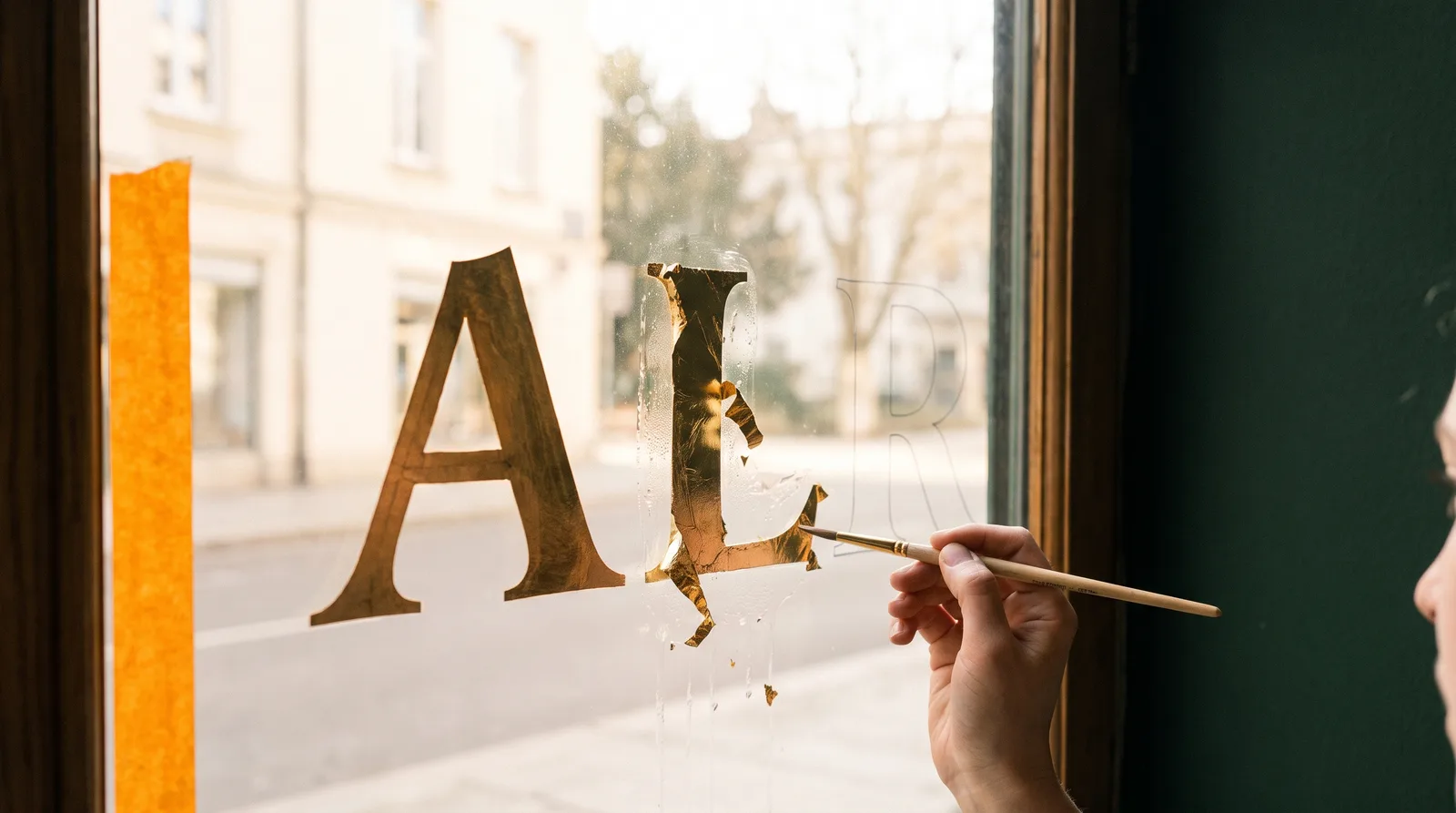 A sign painter applying gold leaf to lettering on the inside of a shopfront window, one letter finished, one half covered in loose leaf, and a third still only an outline