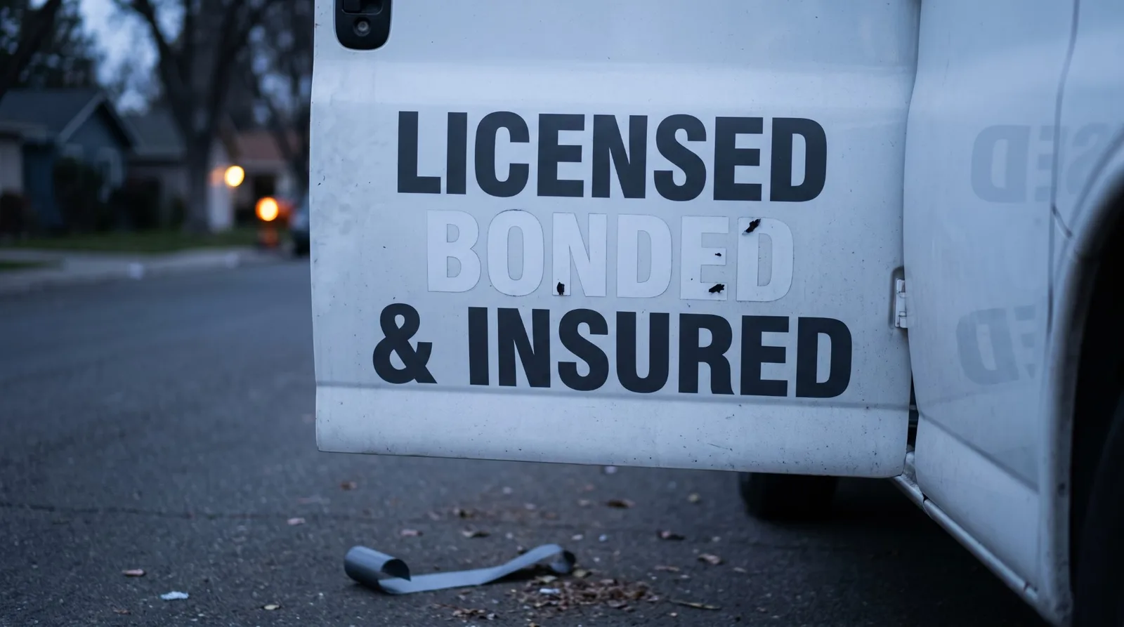 The side door of a white service van at dusk lettered LICENSED above & INSURED, with the word BONDED between them peeled off, leaving a pale ghost outline of its letters and a curl of discarded vinyl on the road