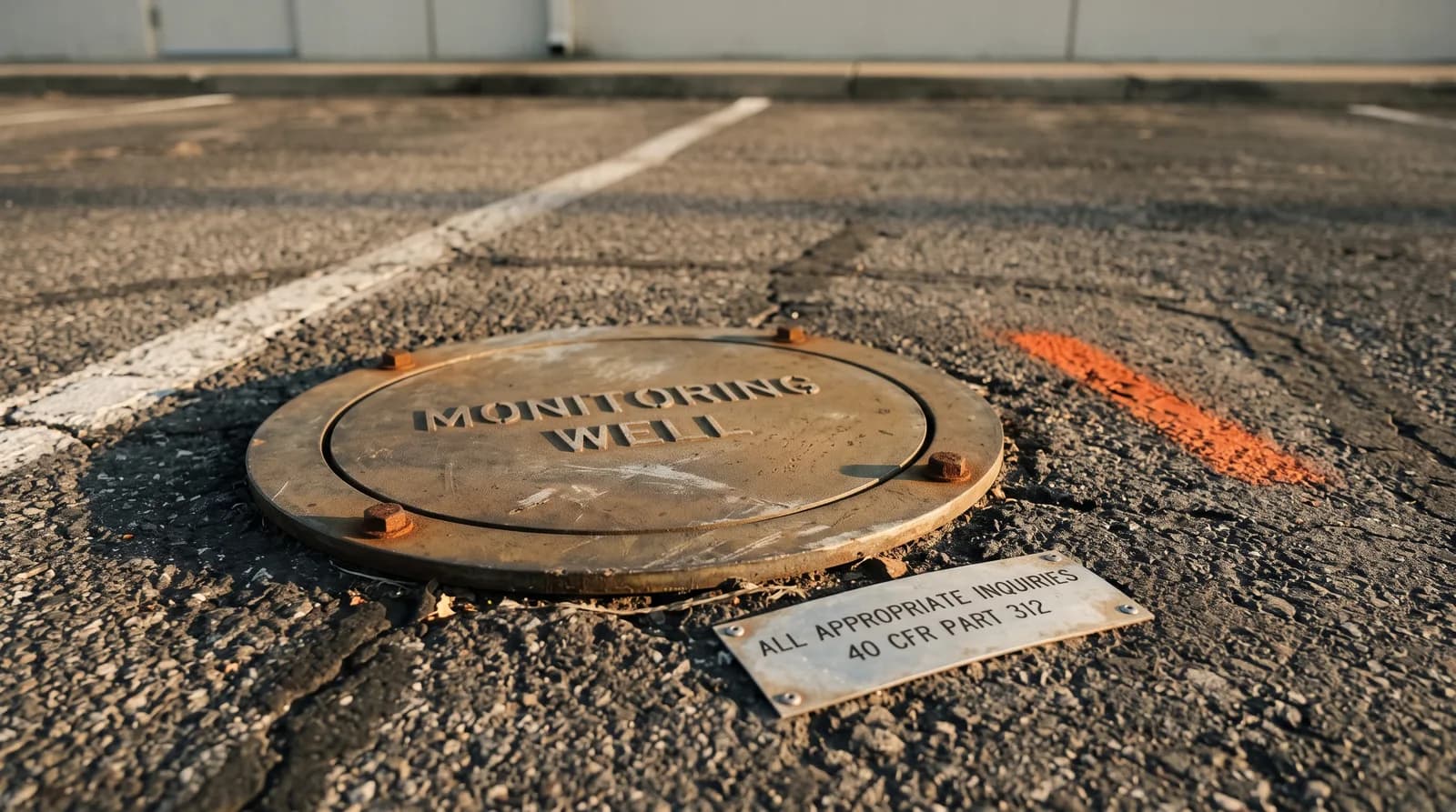 A bolted steel monitoring well cover set flush into cracked asphalt in a commercial parking lot in low afternoon light, its raised lettering reading MONITORING WELL, with a small riveted metal tag beside it reading ALL APPROPRIATE INQUIRIES, 40 CFR PART 312, and an orange survey paint mark on the asphalt alongside