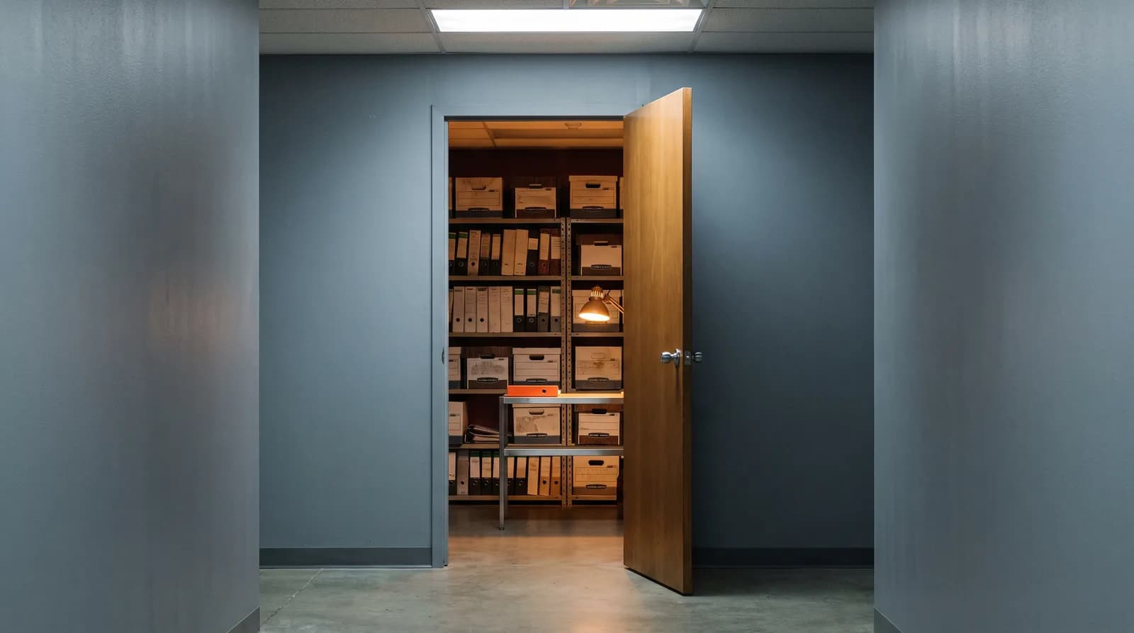 A half-open office door seen from a cool grey corridor, the warmly lit room behind it filled floor to ceiling with archive boxes and binders instead of a desk