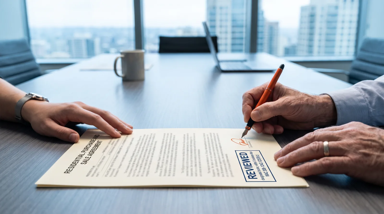 Two hands over a purchase contract on a brokerage conference table, a new agent's hand holding the page flat while a managing broker's hand initials the margin in orange ink beside a rubber stamp impression reading Reviewed, designated broker, within 5 business days, WAC 308-124C-125(9)(c)