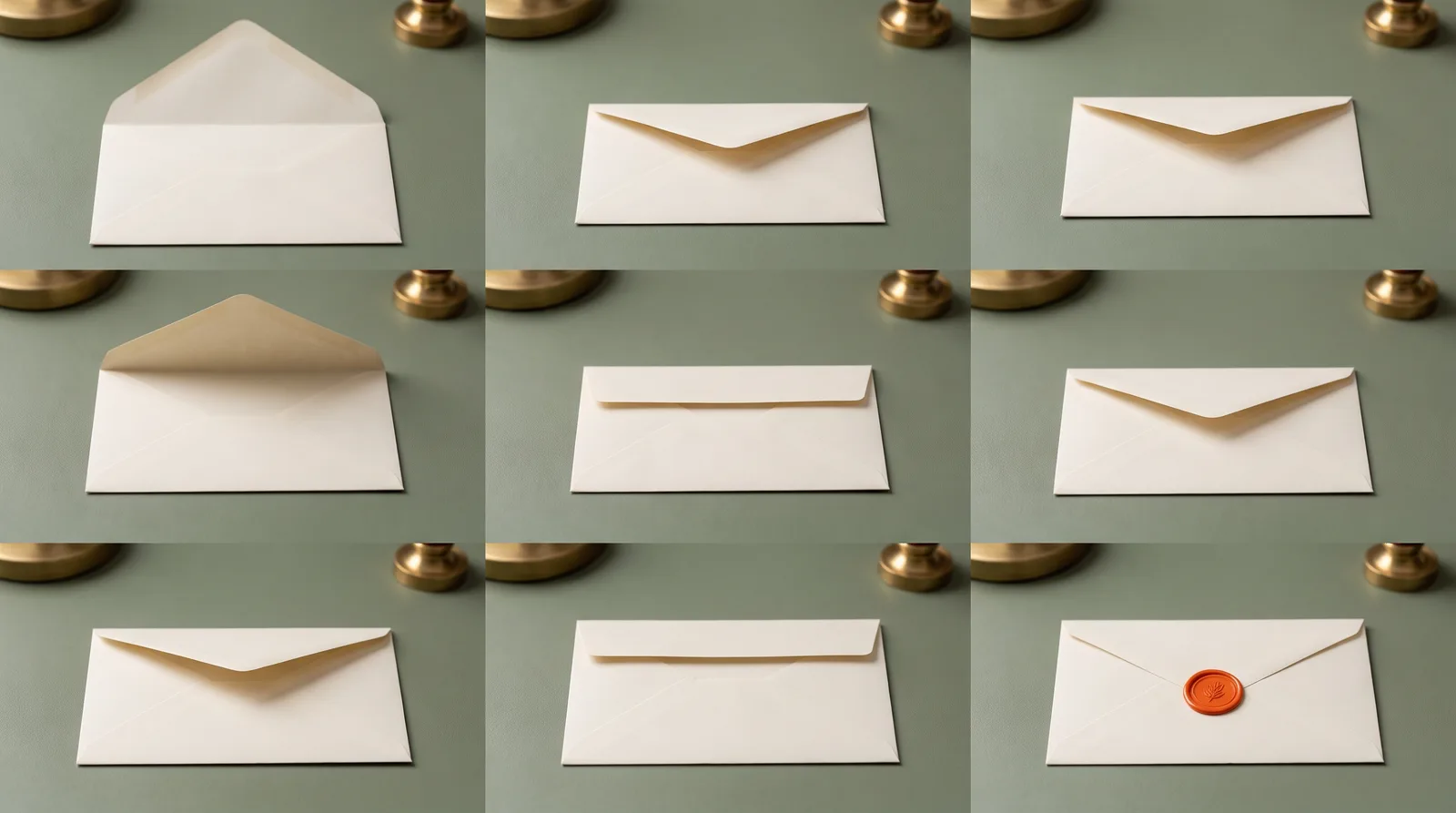 Nine cream envelopes on a sage green surface in a three by three grid, each at a different stage of being sealed, with brass seal stamps between them and a single orange wax seal on the last one