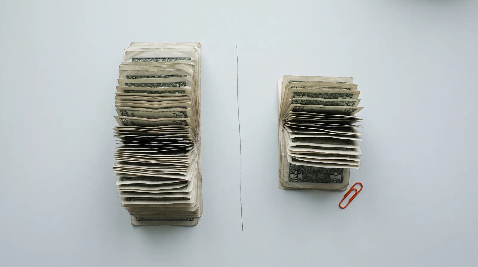 Two uneven stacks of worn banknotes on a pale grey surface photographed from directly above, separated by a thin drawn line, with a single orange paper clip beside the smaller stack