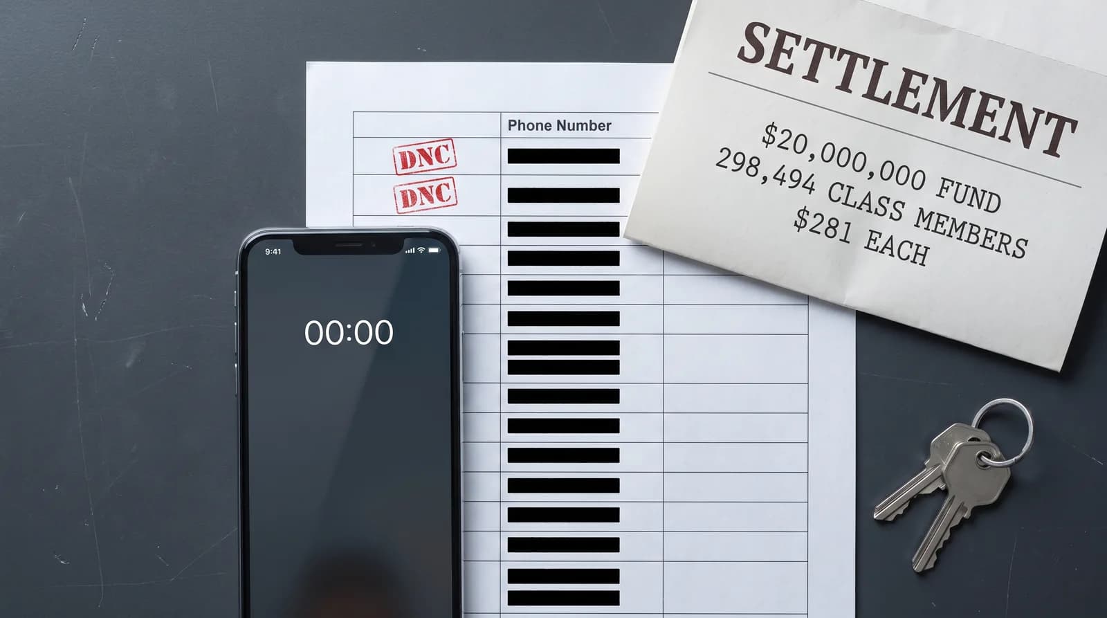 A phone showing a call timer at zero beside a printed call sheet whose phone numbers are all redacted with black bars, two rows stamped DNC in red, next to a settlement notice reading 20,000,000 dollar fund, 298,494 class members, 281 dollars each
