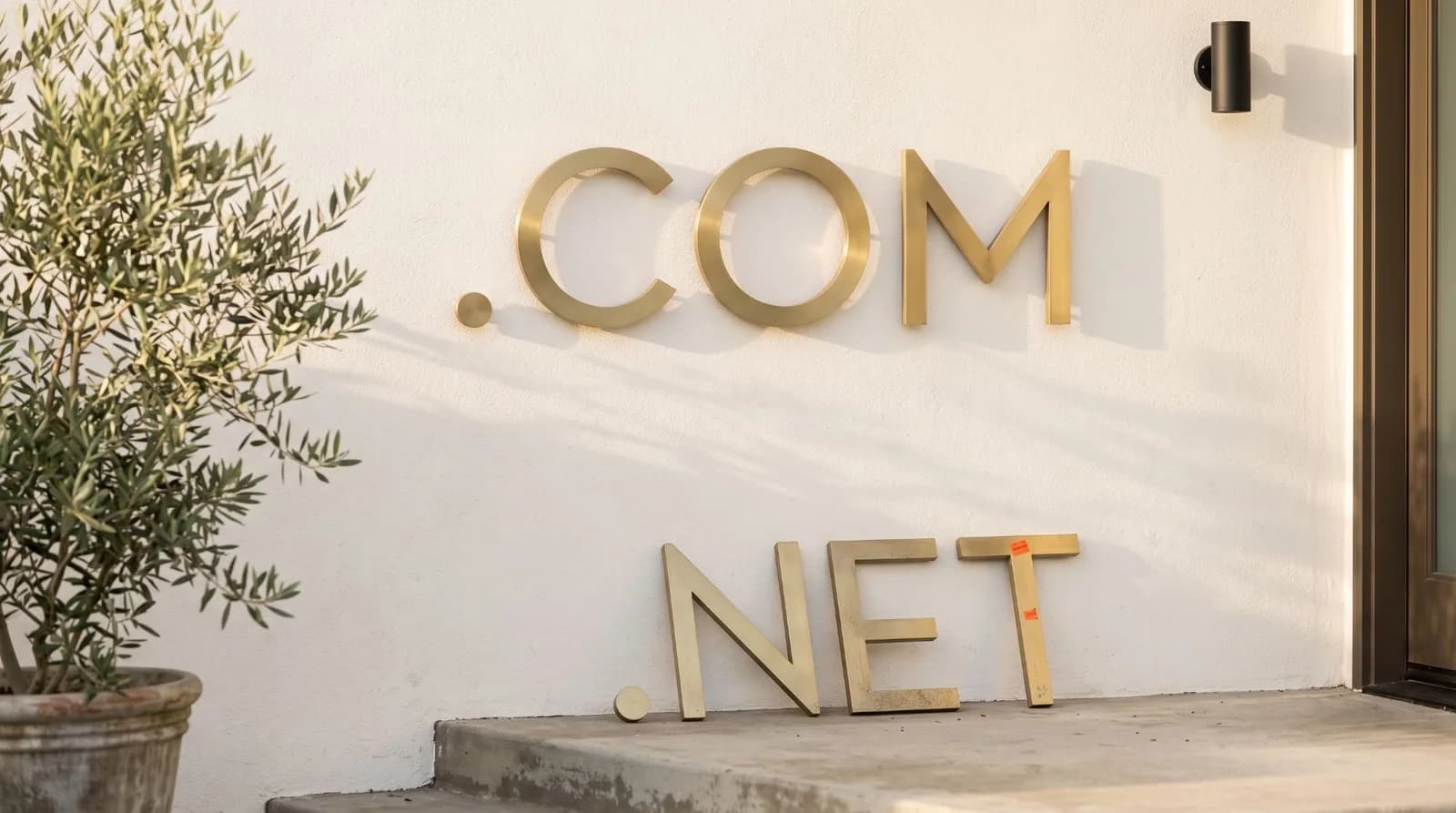 Brushed brass letters reading .COM mounted on a warm white stucco entry wall in late afternoon sun beside an olive tree, with spare brass letters reading .NET leaning unmounted on the concrete step below, two small orange stickers on the T