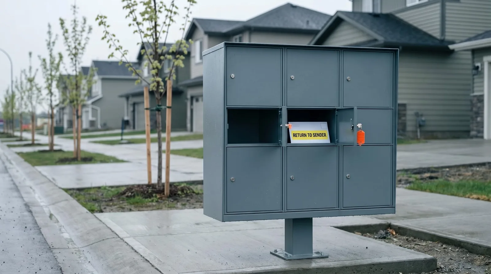 A grey cluster mailbox at the entrance of a new subdivision with one compartment open, holding an envelope with a yellow sticker reading RETURN TO SENDER, an orange tag hanging from the key