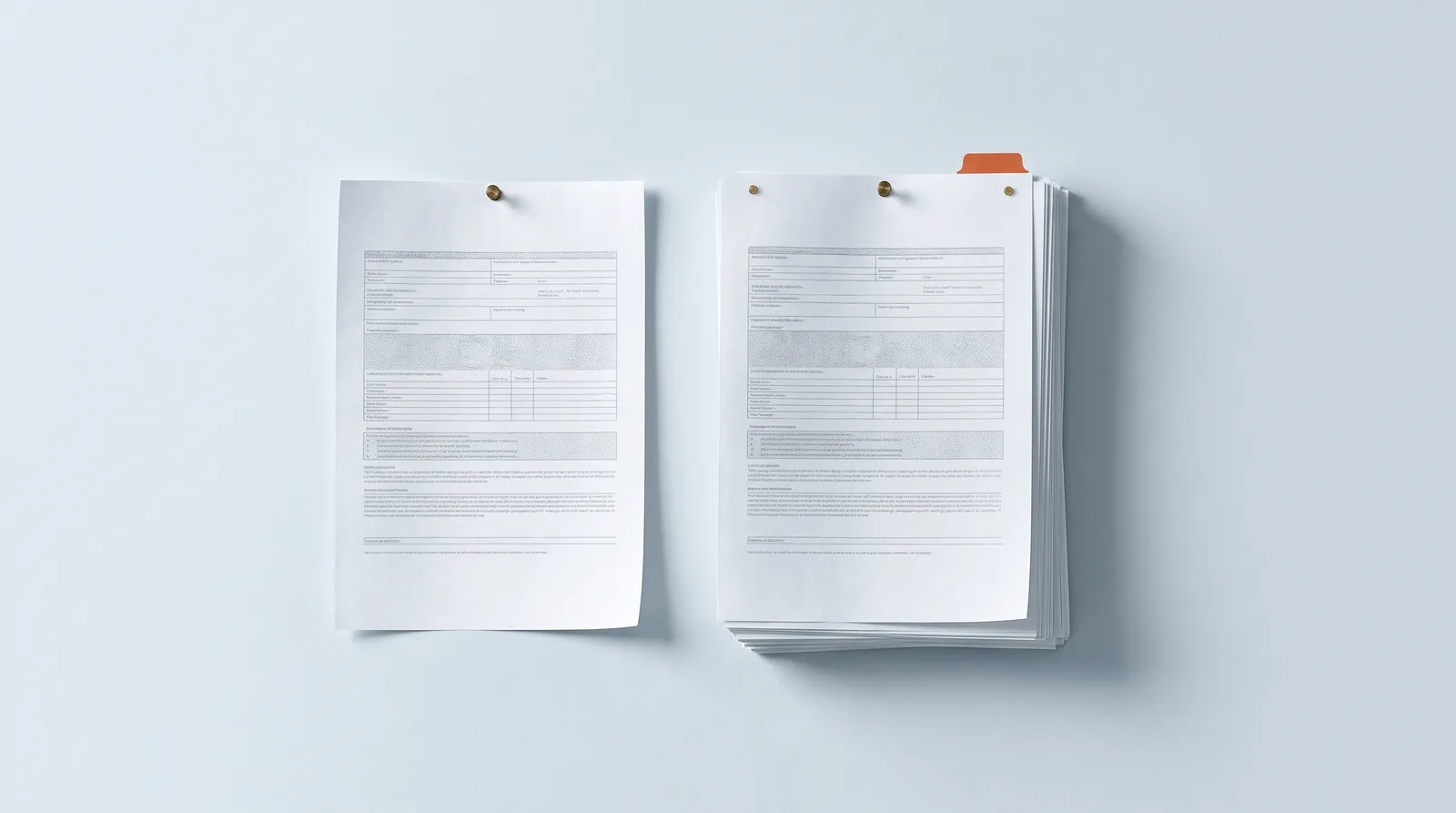 Two insurance policy documents pinned side by side on a pale blue-grey wall in flat daylight, the left a single thin sheet and the right a much larger, thicker bound document, showing the same paperwork at two very different sizes